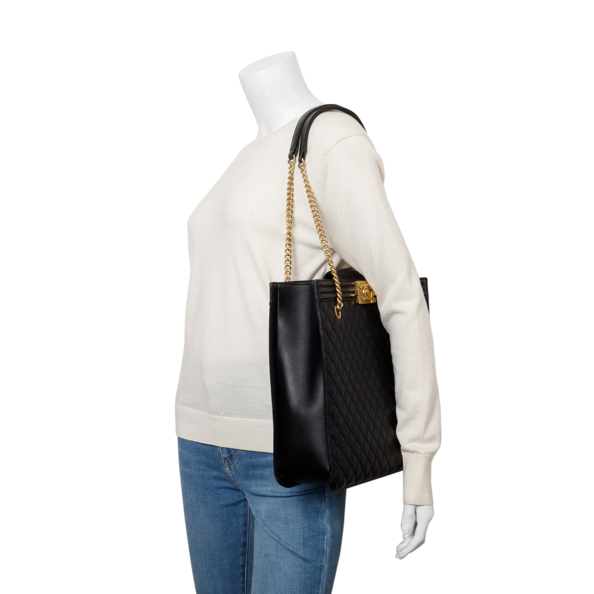 Chanel Quilted Boy Shopping Leather Lambskin Black Travel Bag Shopping Tote