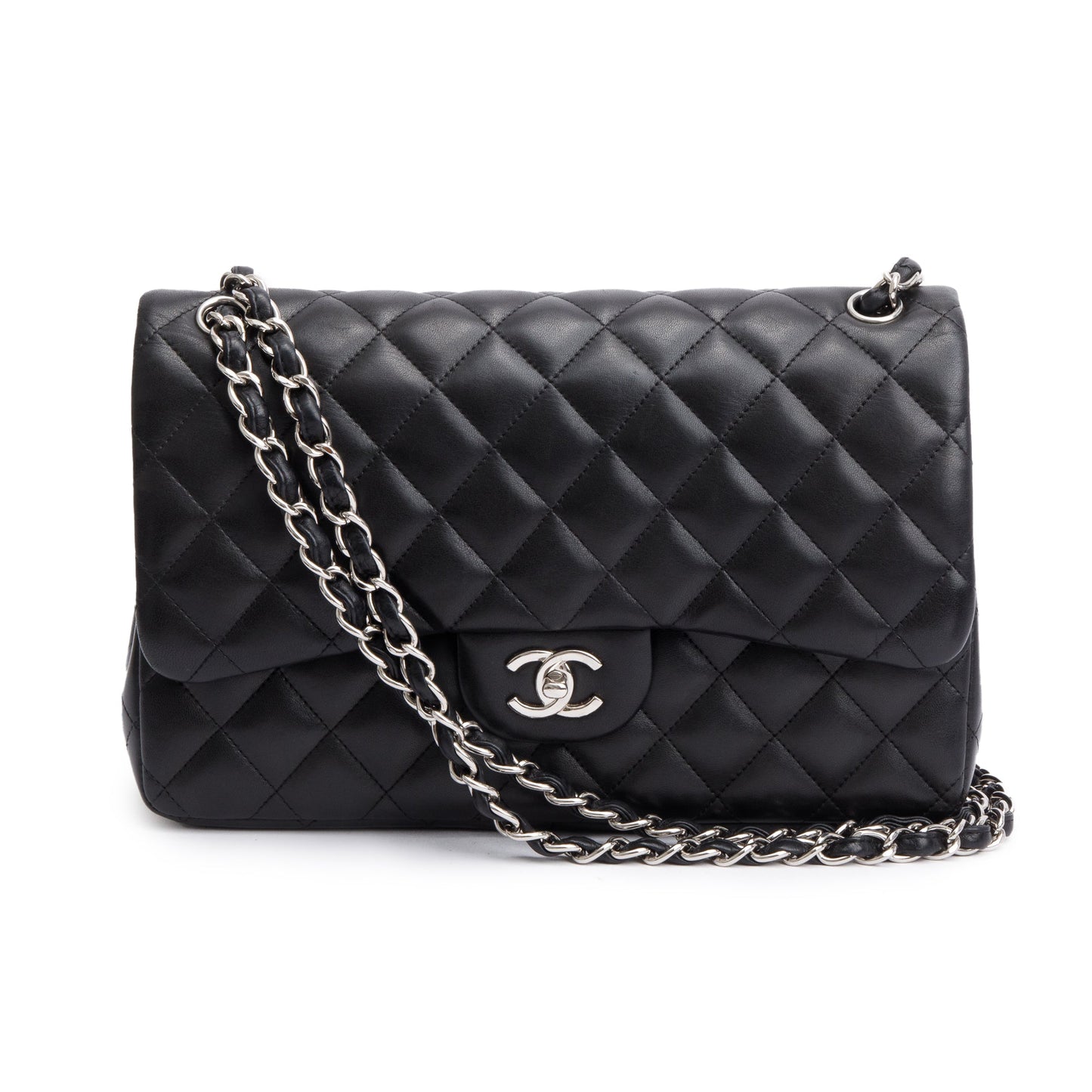 Chanel Quilted Classic Jumbo Double Flap Leather Lambskin Black Travel Bag
