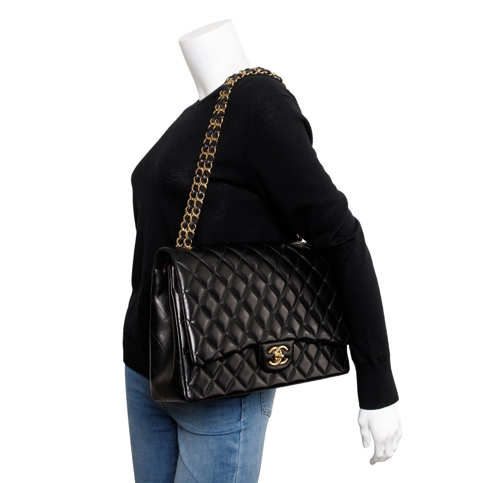 Chanel Quilted Classic Maxi Double Flap Leather Lambskin Black Travel Bag