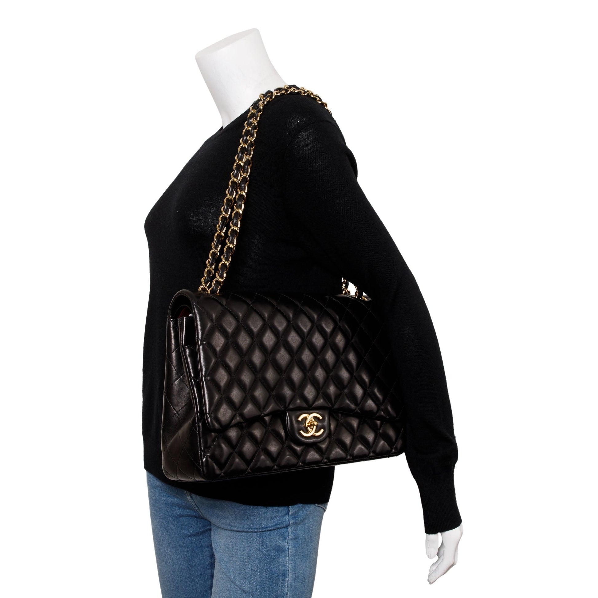 Chanel Quilted Classic Maxi Double Flap Leather Lambskin Black Travel Bag Authenticity Card
