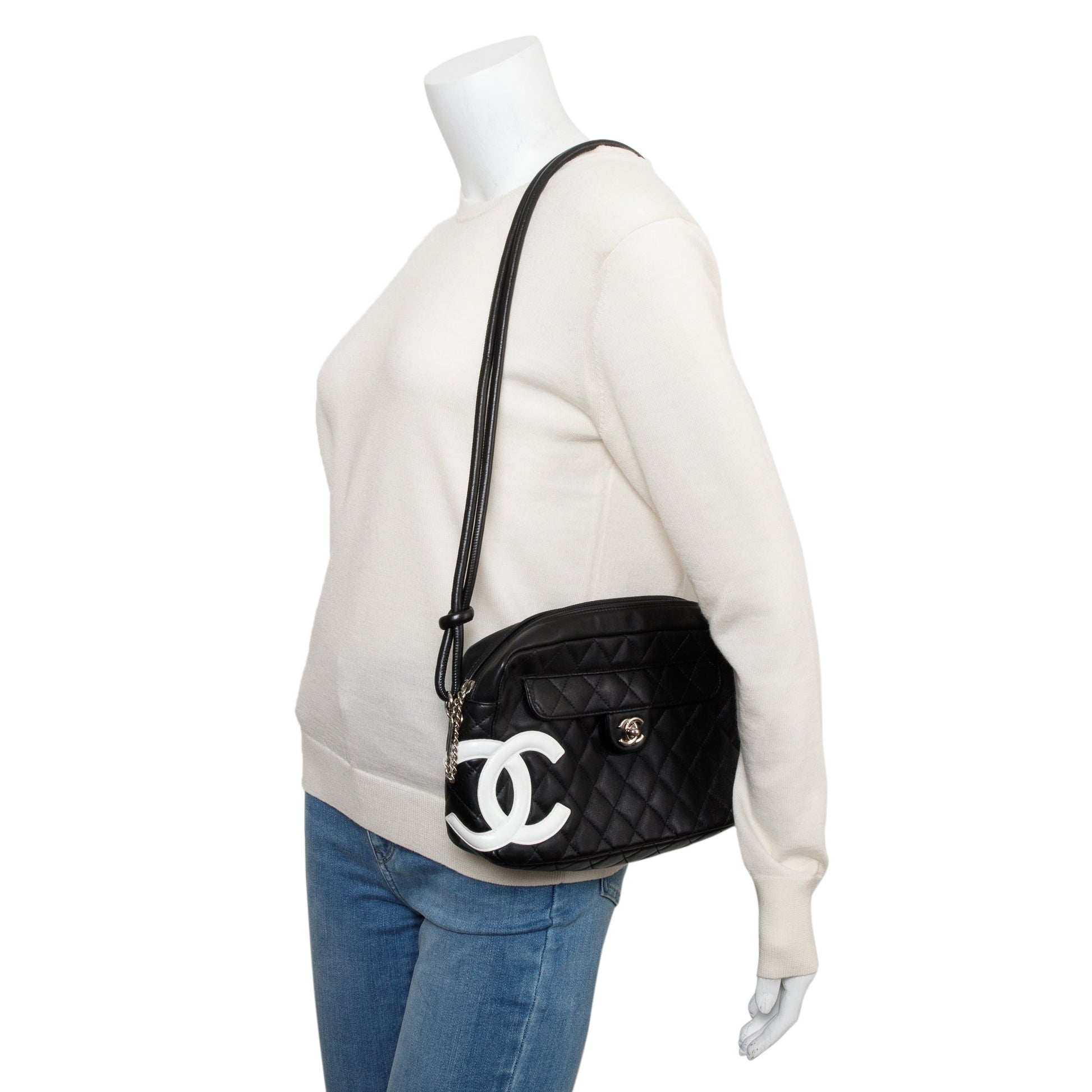 Chanel Quilted Ligne Cambon Camera Leather Lambskin Black Travel Bag