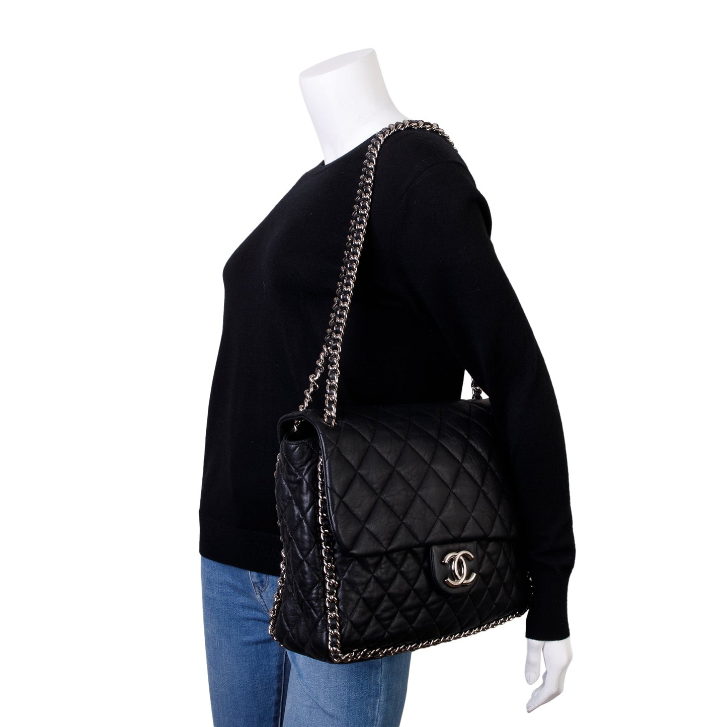 Chanel Quilted Maxi Around Flap Leather Lambskin Black Travel Bag
