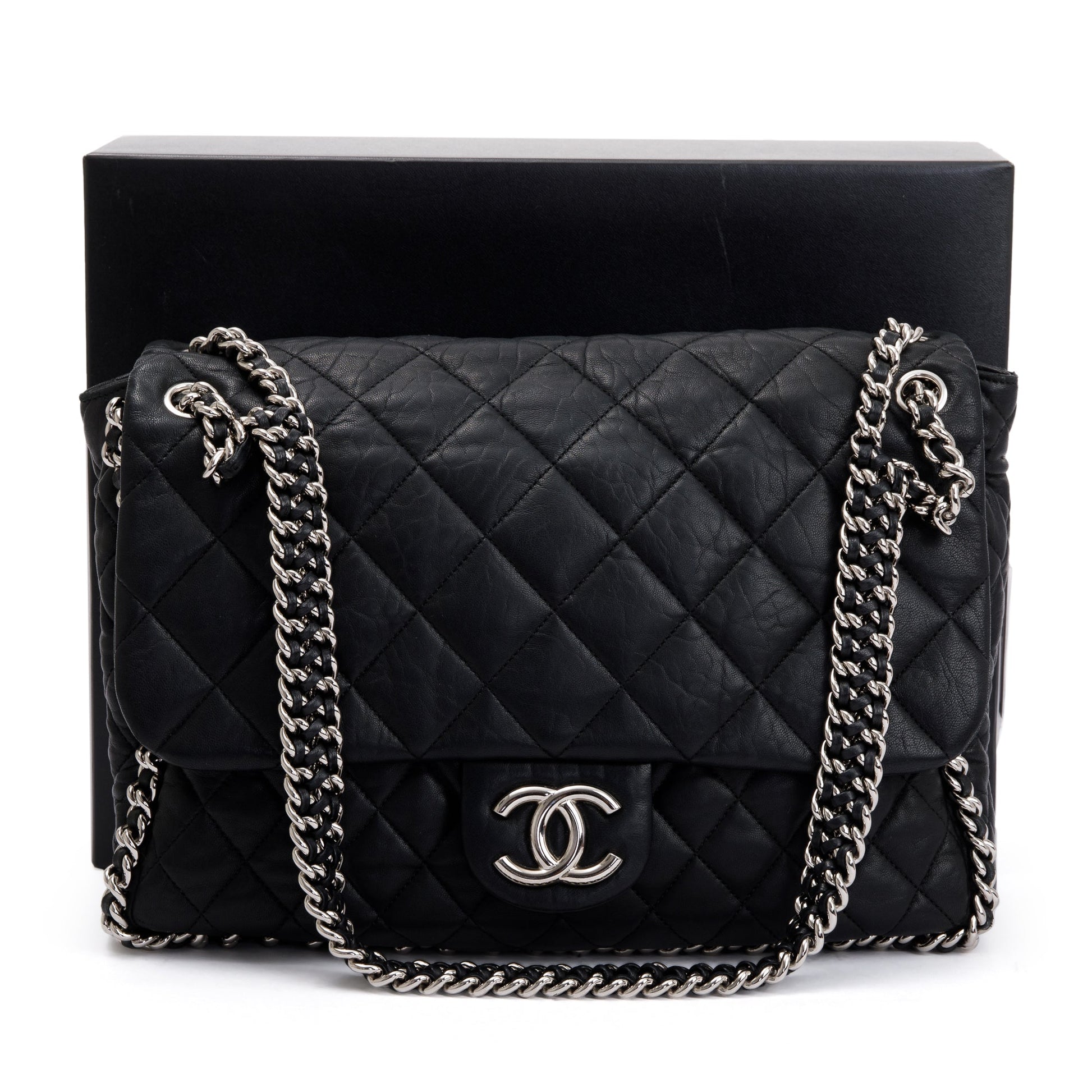 Chanel Quilted Maxi Around Flap Leather Lambskin Black Travel Bag