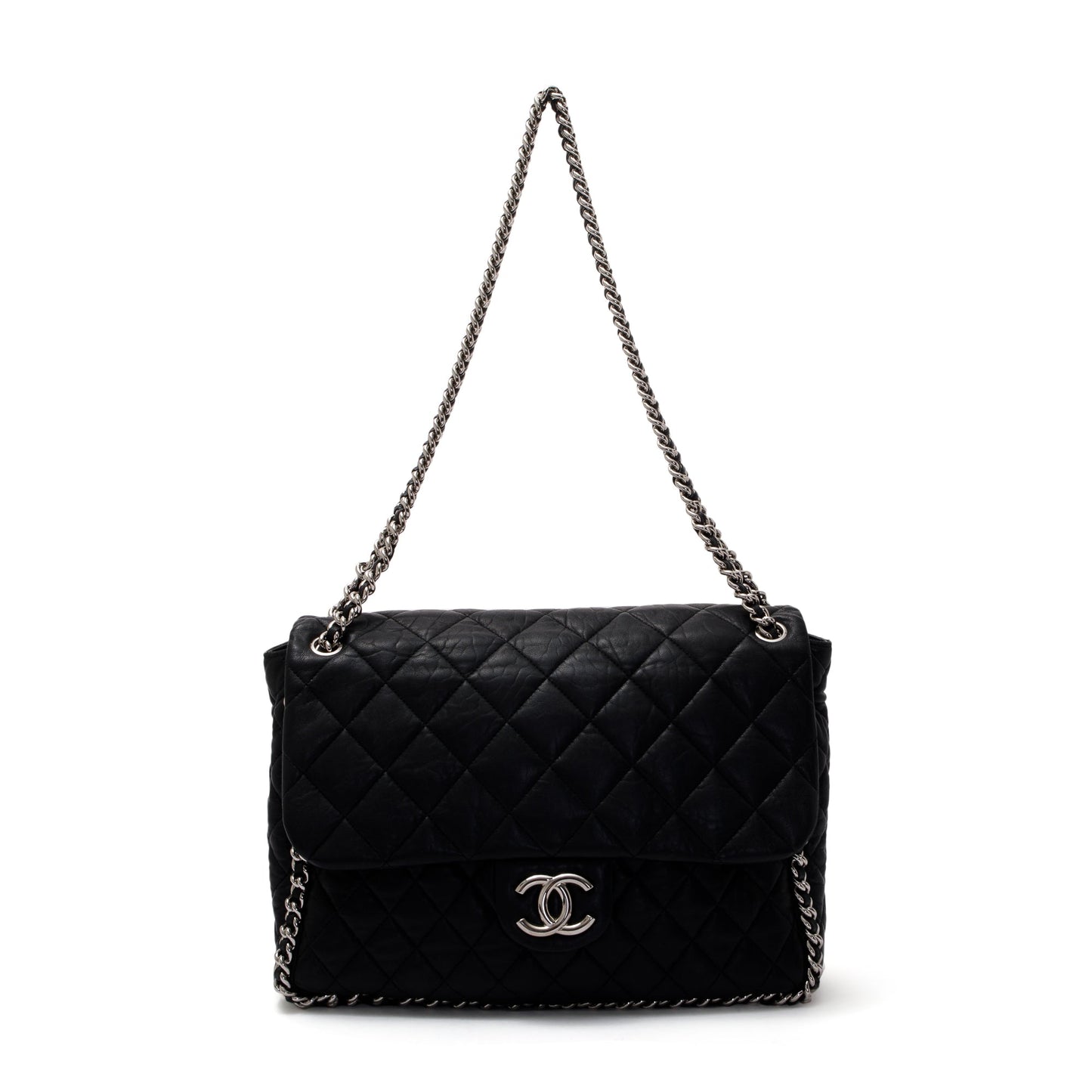 Chanel Quilted Maxi Around Flap Leather Lambskin Black Travel Bag