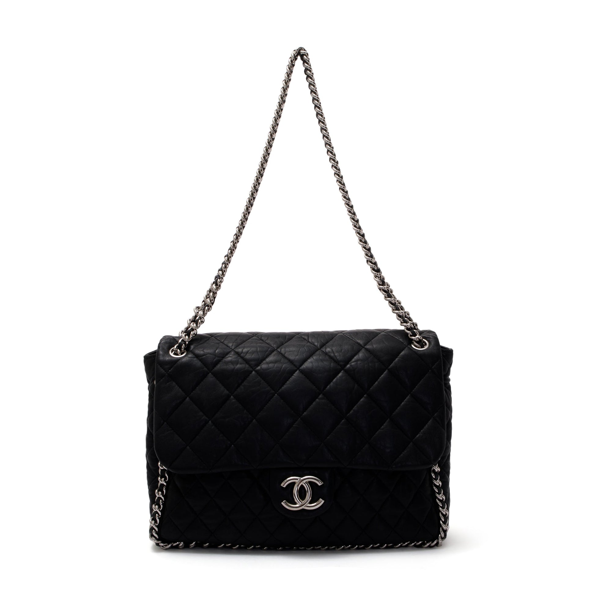 Chanel Quilted Maxi Around Flap Leather Lambskin Black Travel Bag