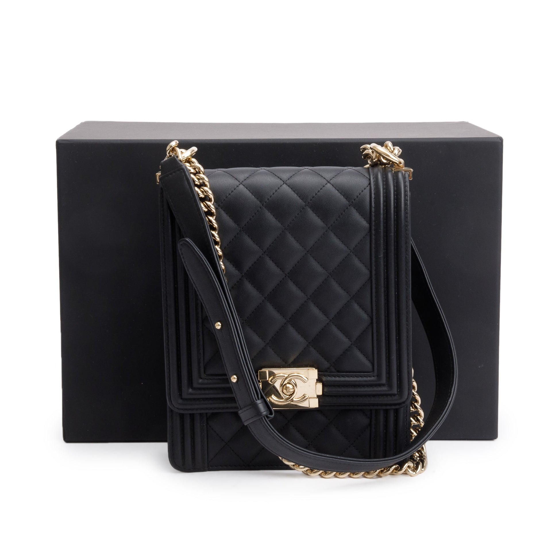 Chanel Quilted North South Boy Leather Lambskin Black Travel Bag