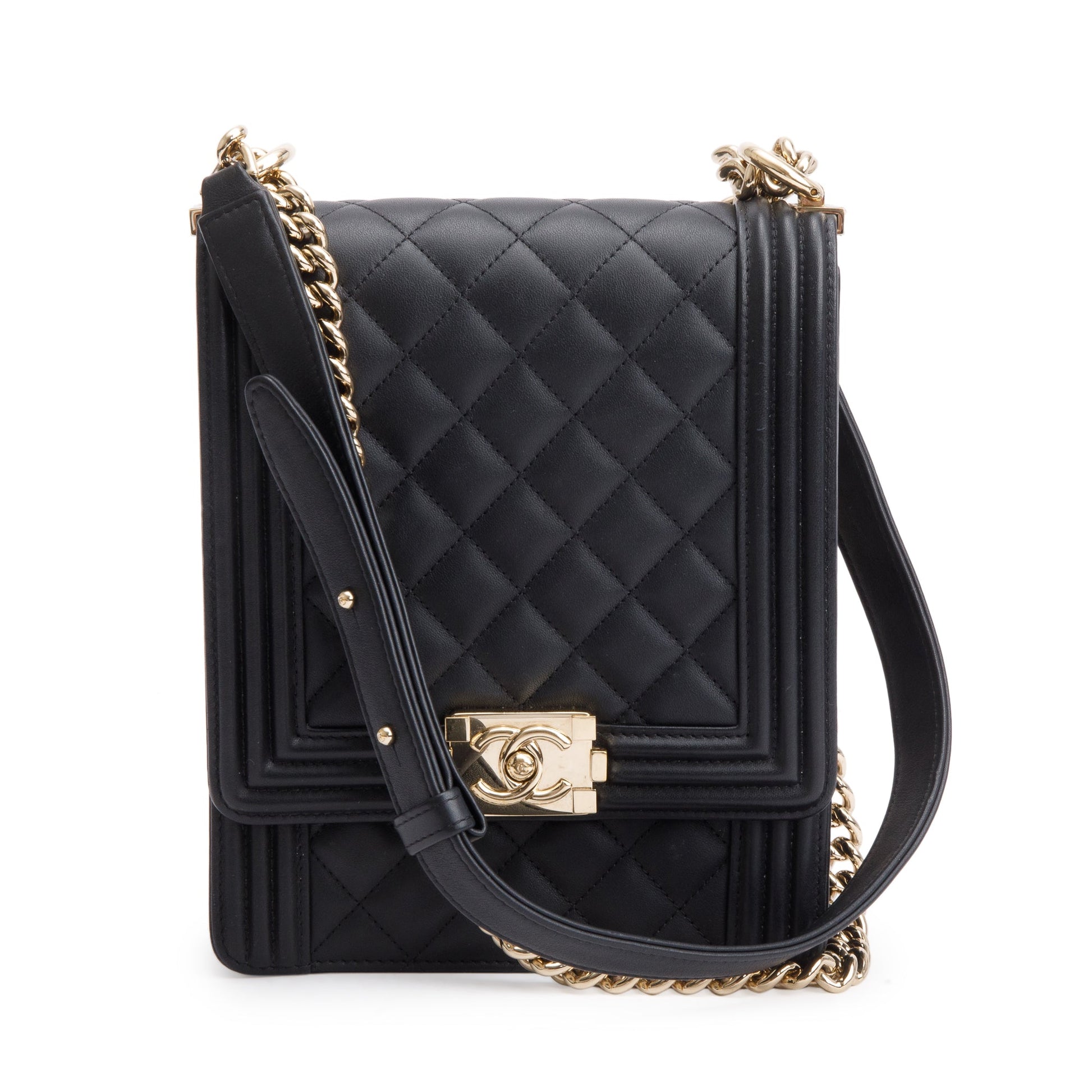 Chanel Quilted North South Boy Leather Lambskin Black Travel Bag