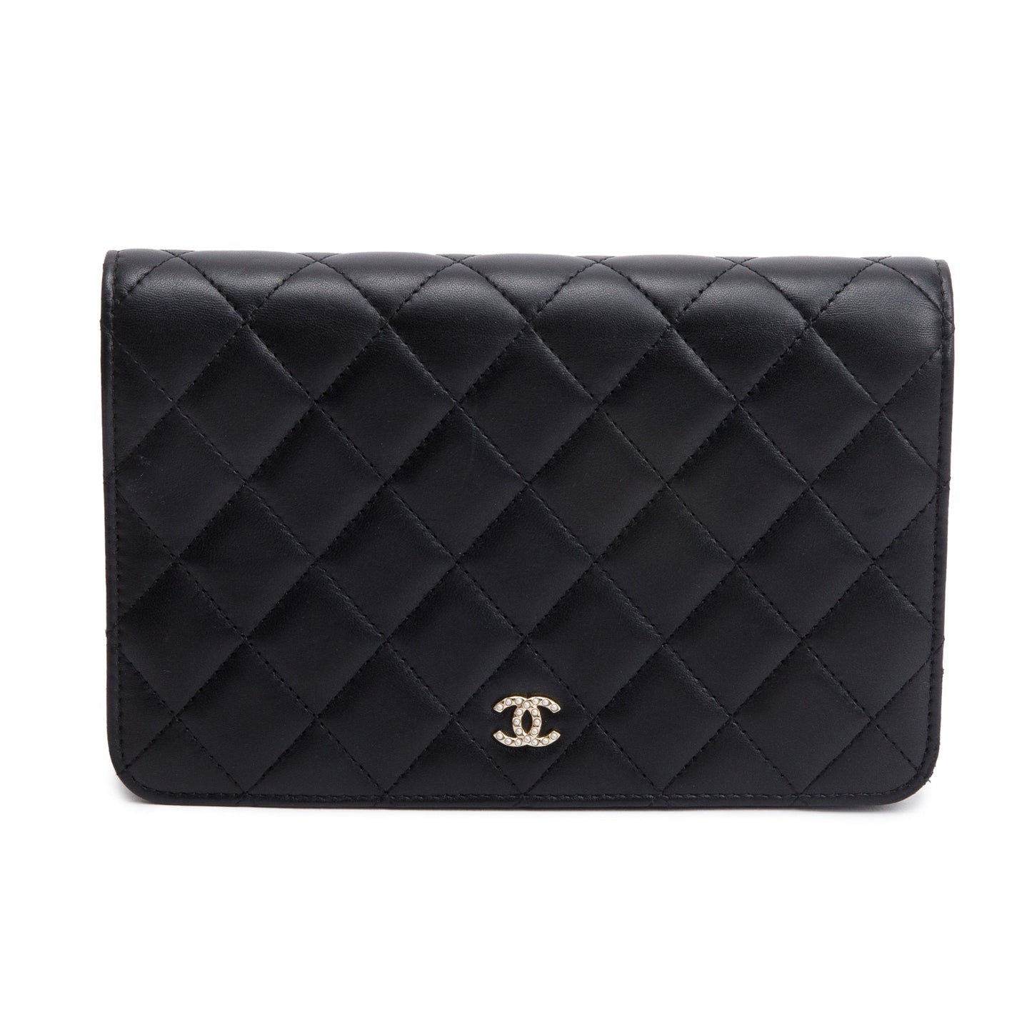 Chanel Quilted Pearl on Leather Lambskin Black Wallet Case