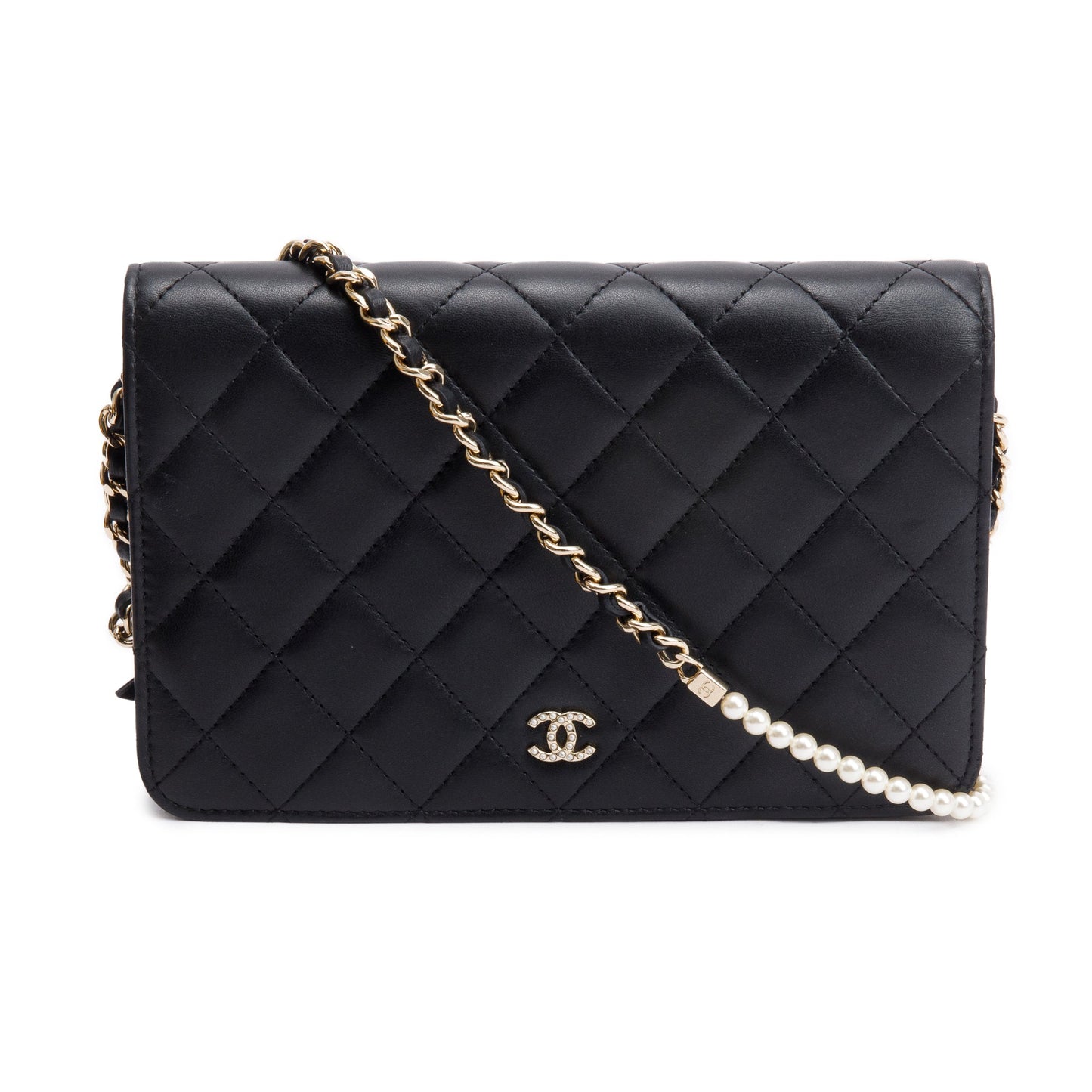 Chanel Quilted Pearl on Leather Lambskin Black Wallet Case