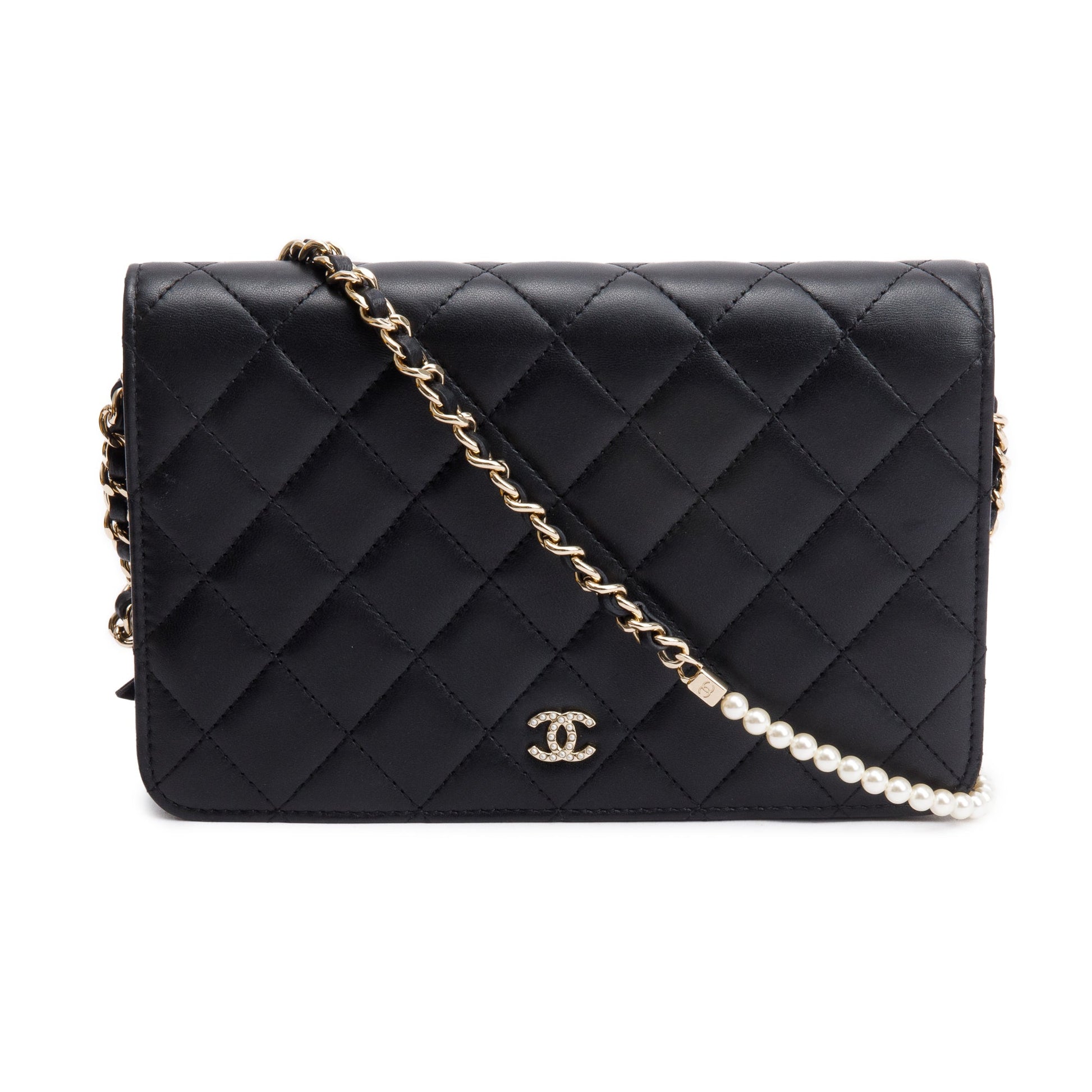 Chanel Quilted Pearl on Leather Lambskin Black Wallet Case