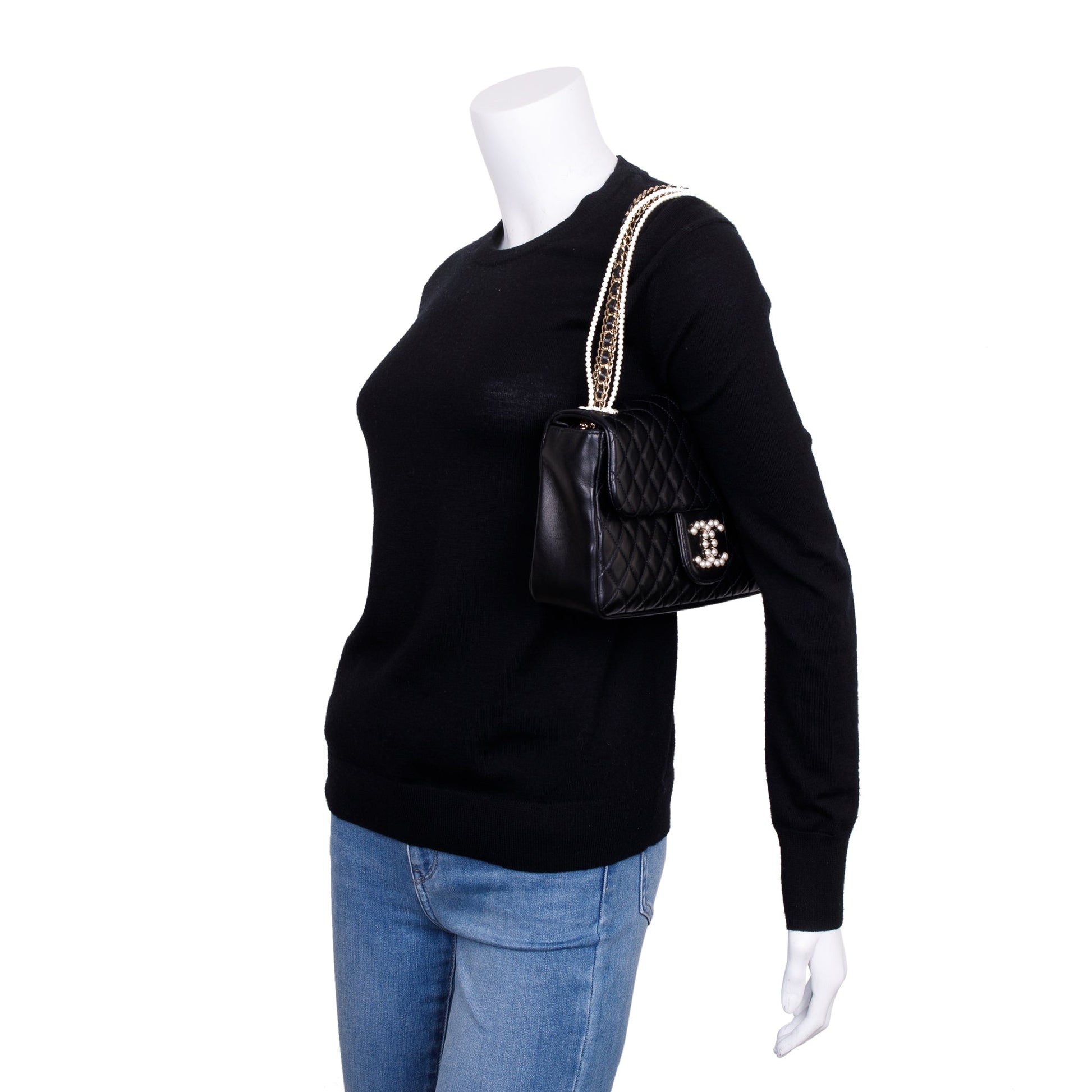Chanel Quilted Westmintser Pearl Flap Leather Lambskin Black Travel Bag