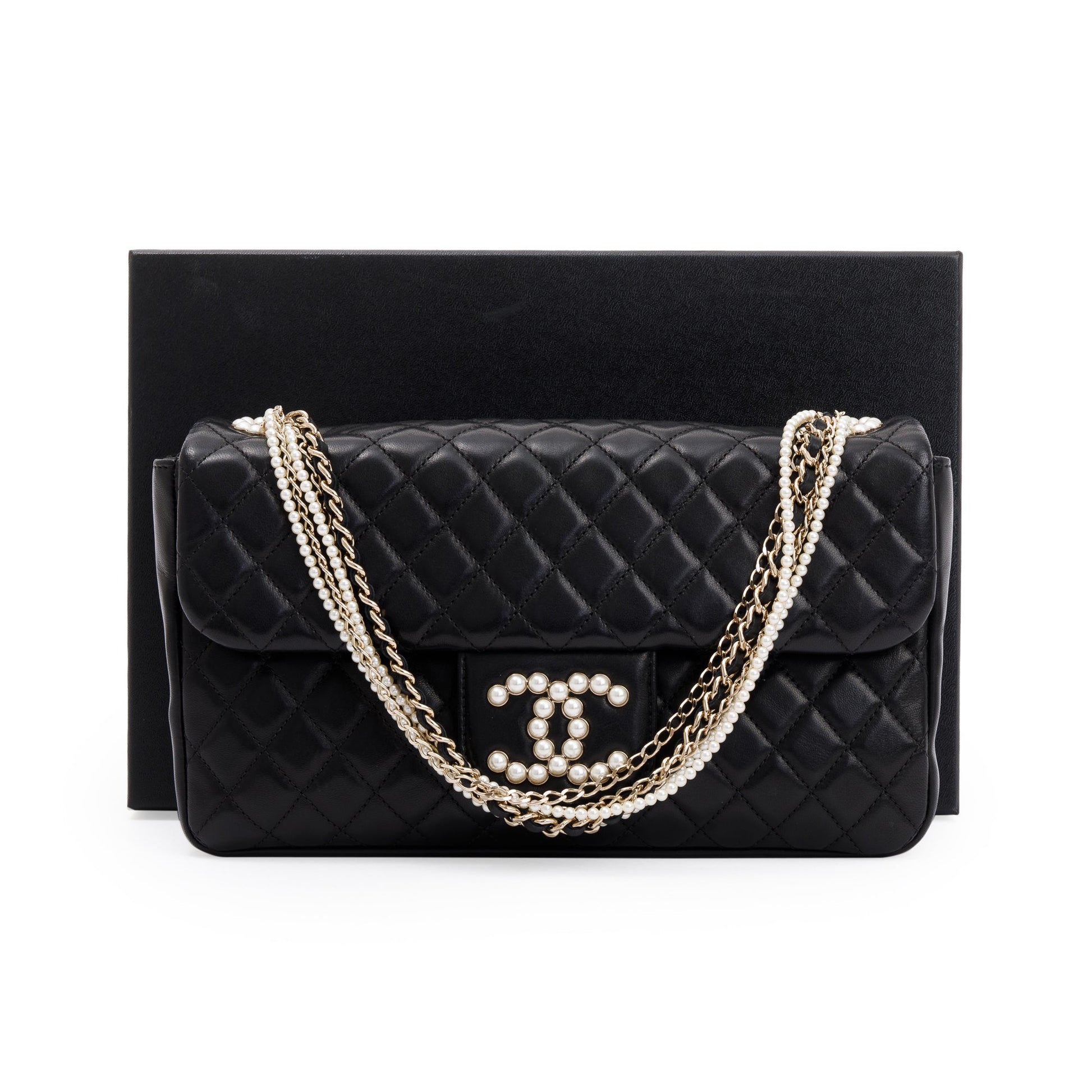 Chanel Quilted Westmintser Pearl Flap Leather Lambskin Black Travel Bag
