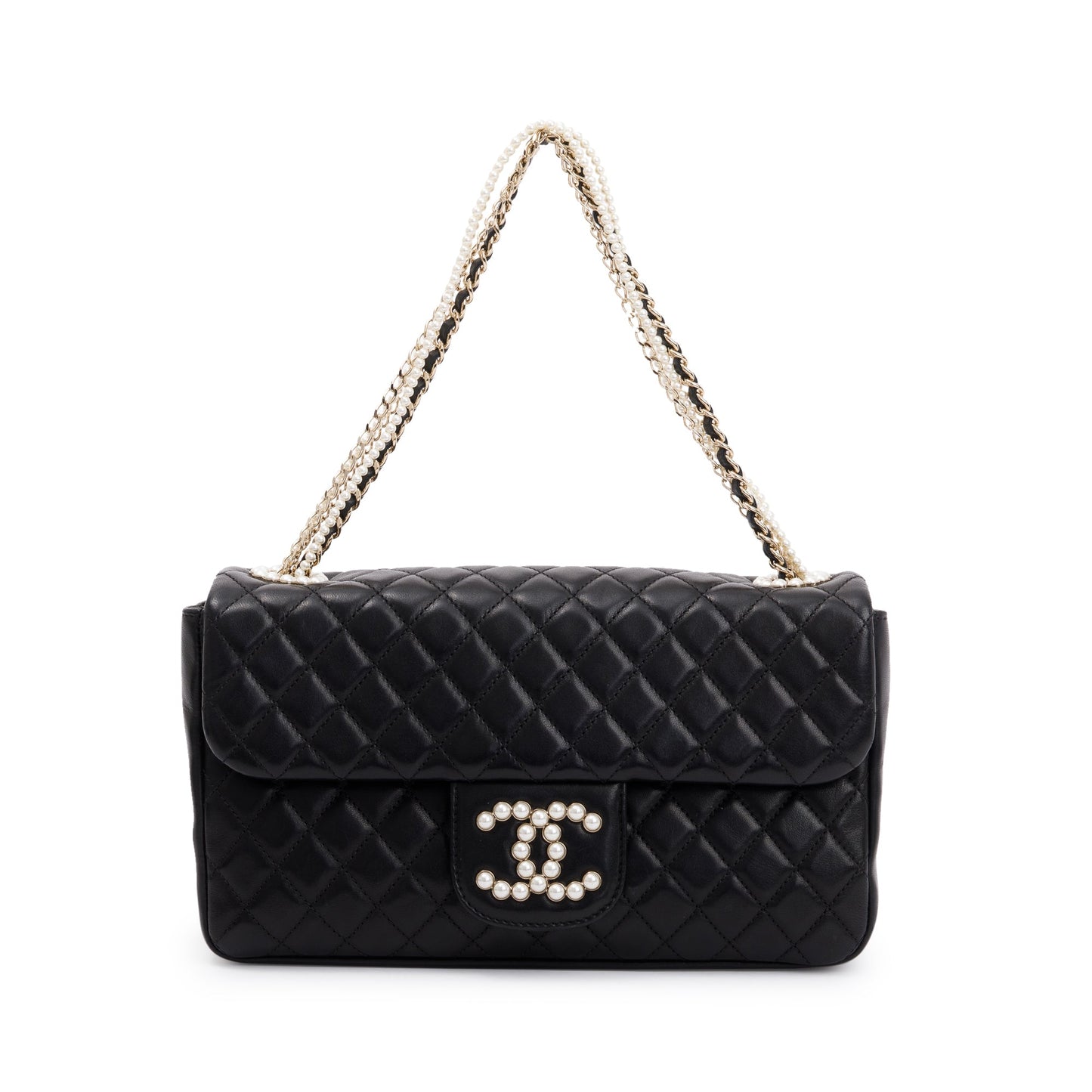 Chanel Quilted Westmintser Pearl Flap Leather Lambskin Black Travel Bag