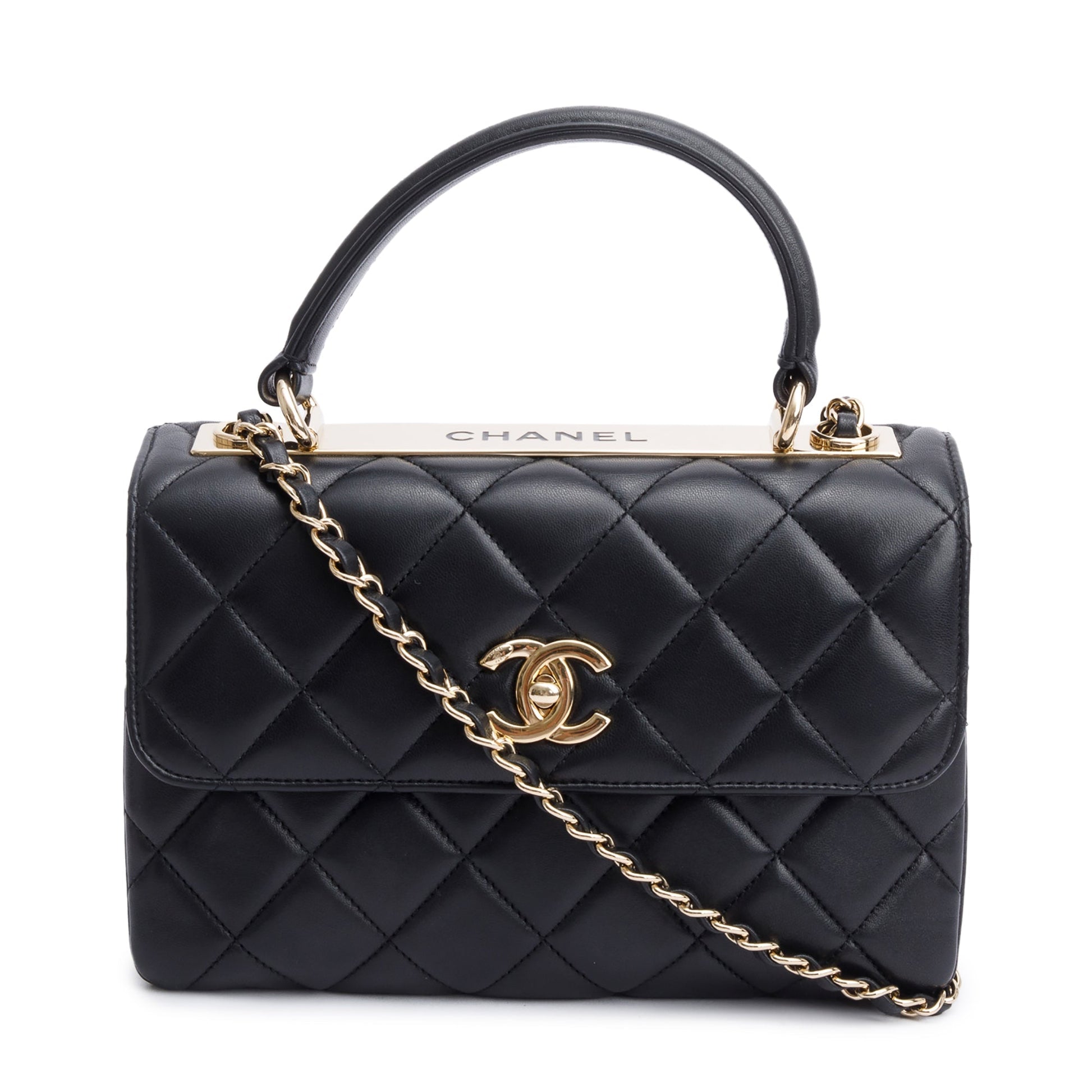 Chanel Quilted Trendy CC Top Handle Lambskin Black Travel Bag Authenticity Card