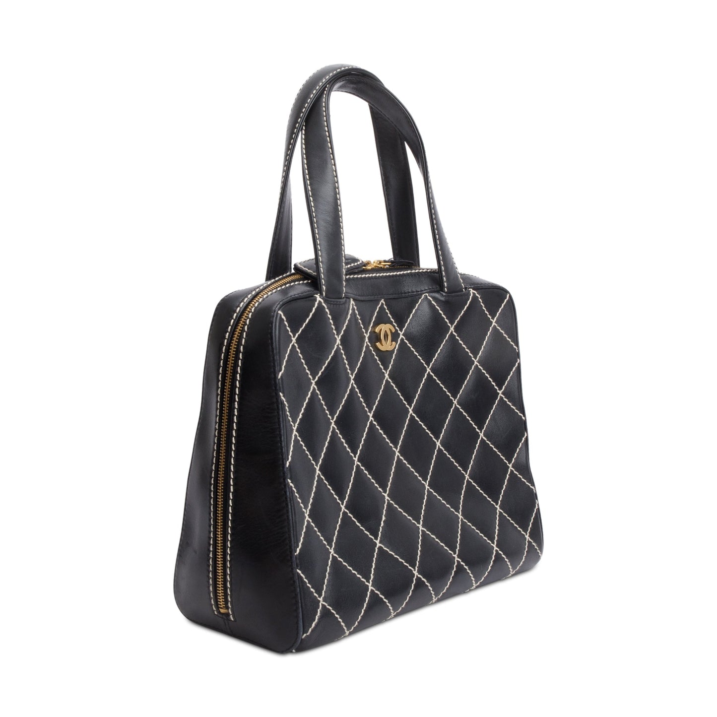 Chanel Quilted Surpique Bowler Leather Black Travel Bag