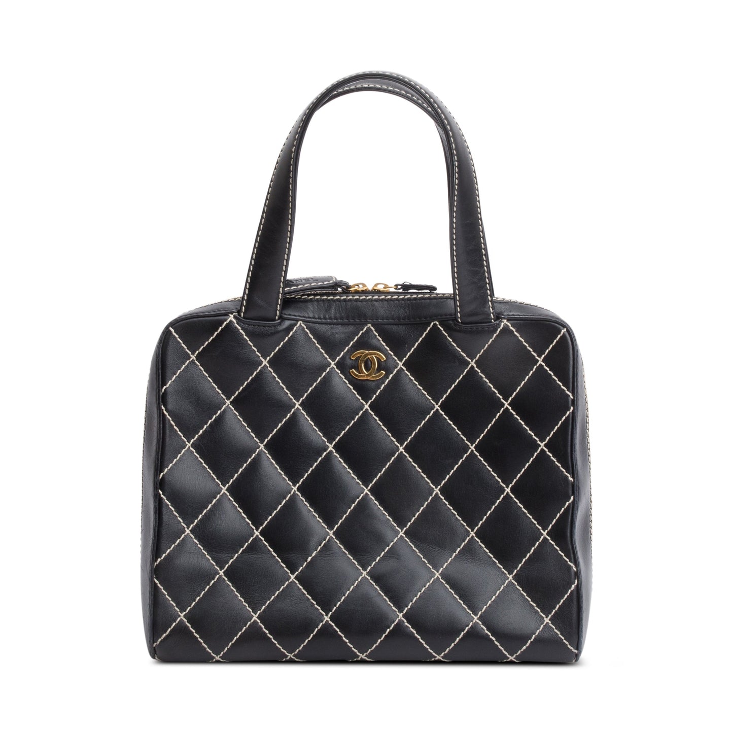 Chanel Quilted Surpique Bowler Leather Black Travel Bag