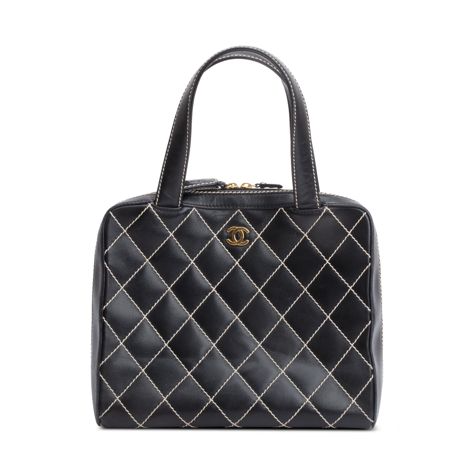 Chanel Quilted Surpique Bowler Leather Black Travel Bag