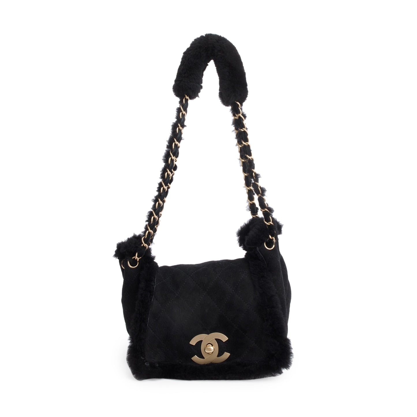 Chanel Quilted Nubuck Shearling CC Flap Black Travel Bag