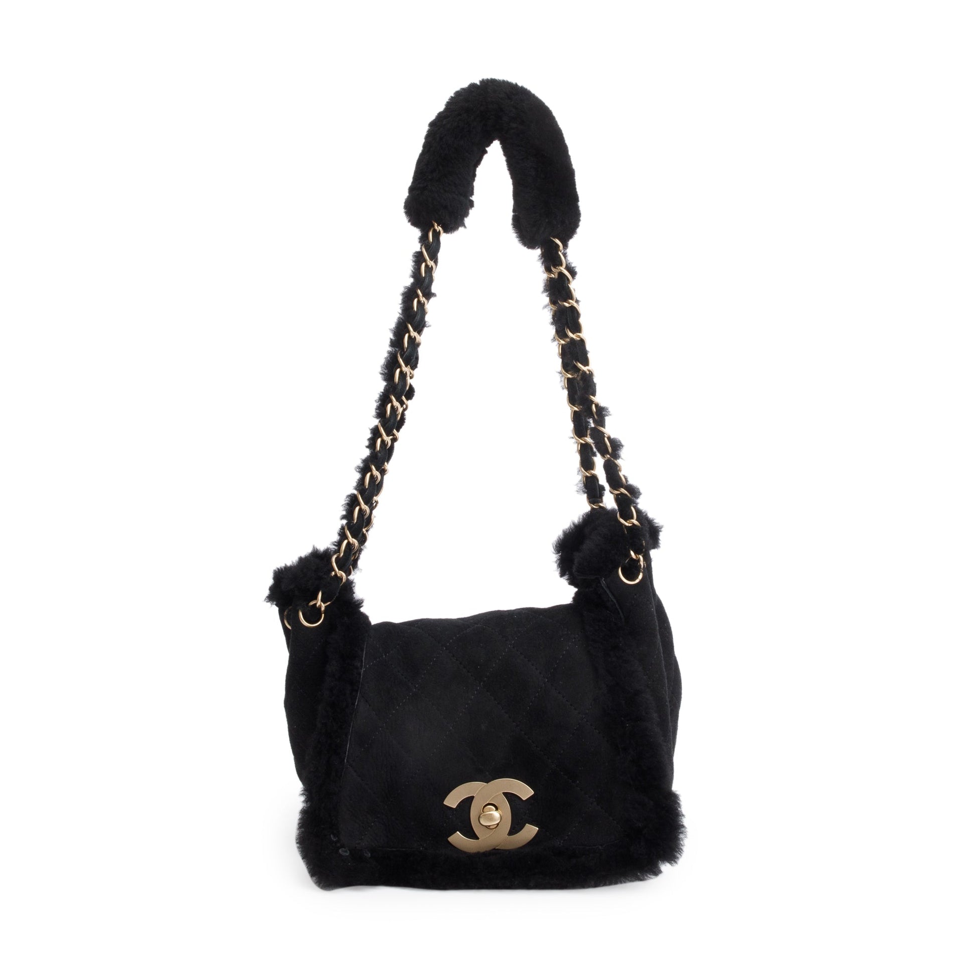 Chanel Quilted Nubuck Shearling CC Flap Black Travel Bag