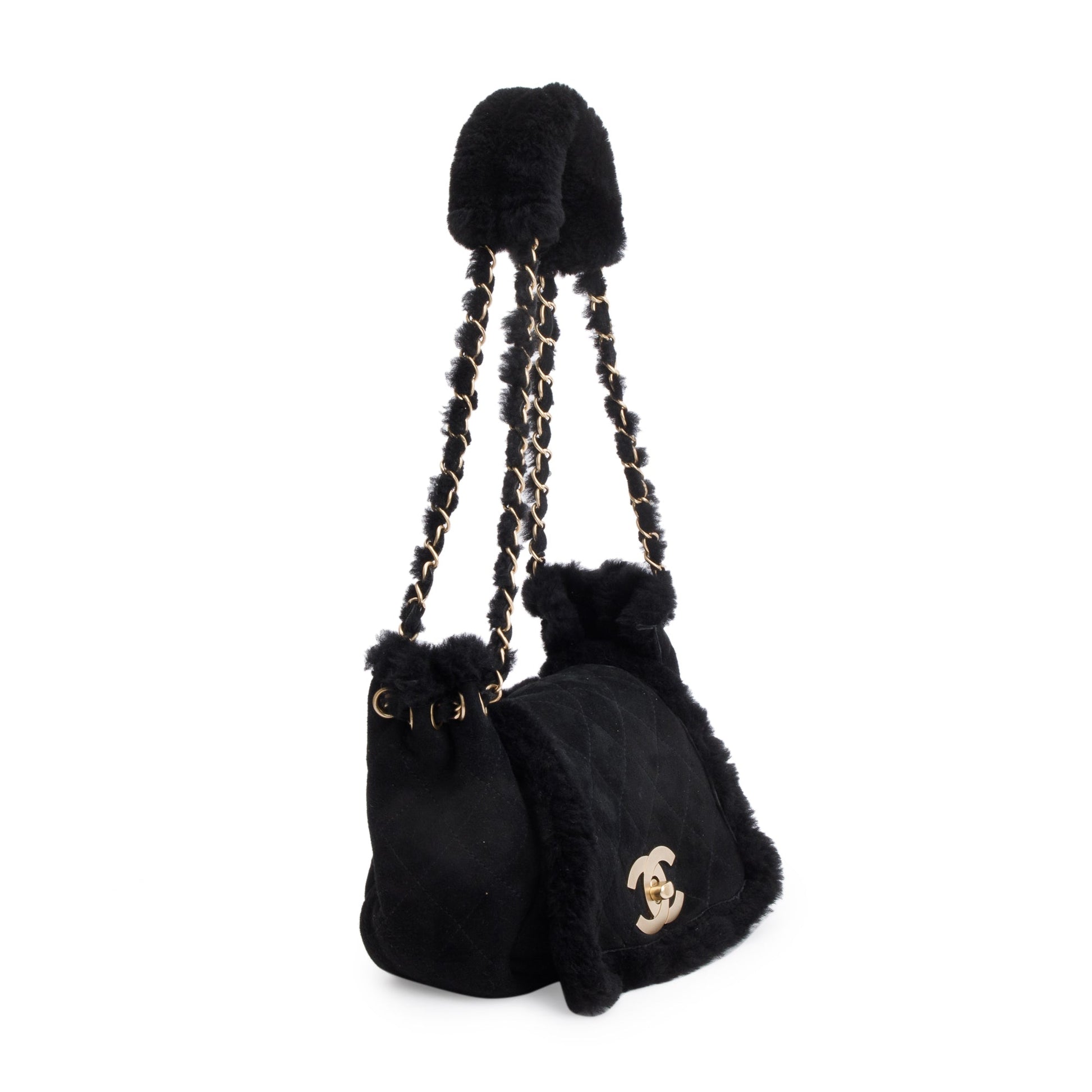 Chanel Quilted Nubuck Shearling CC Flap Black Travel Bag