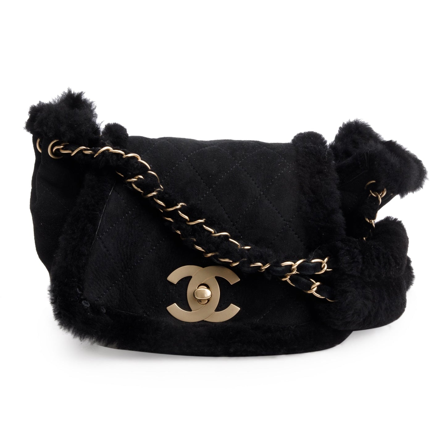 Chanel Quilted Nubuck Shearling CC Flap Black Travel Bag