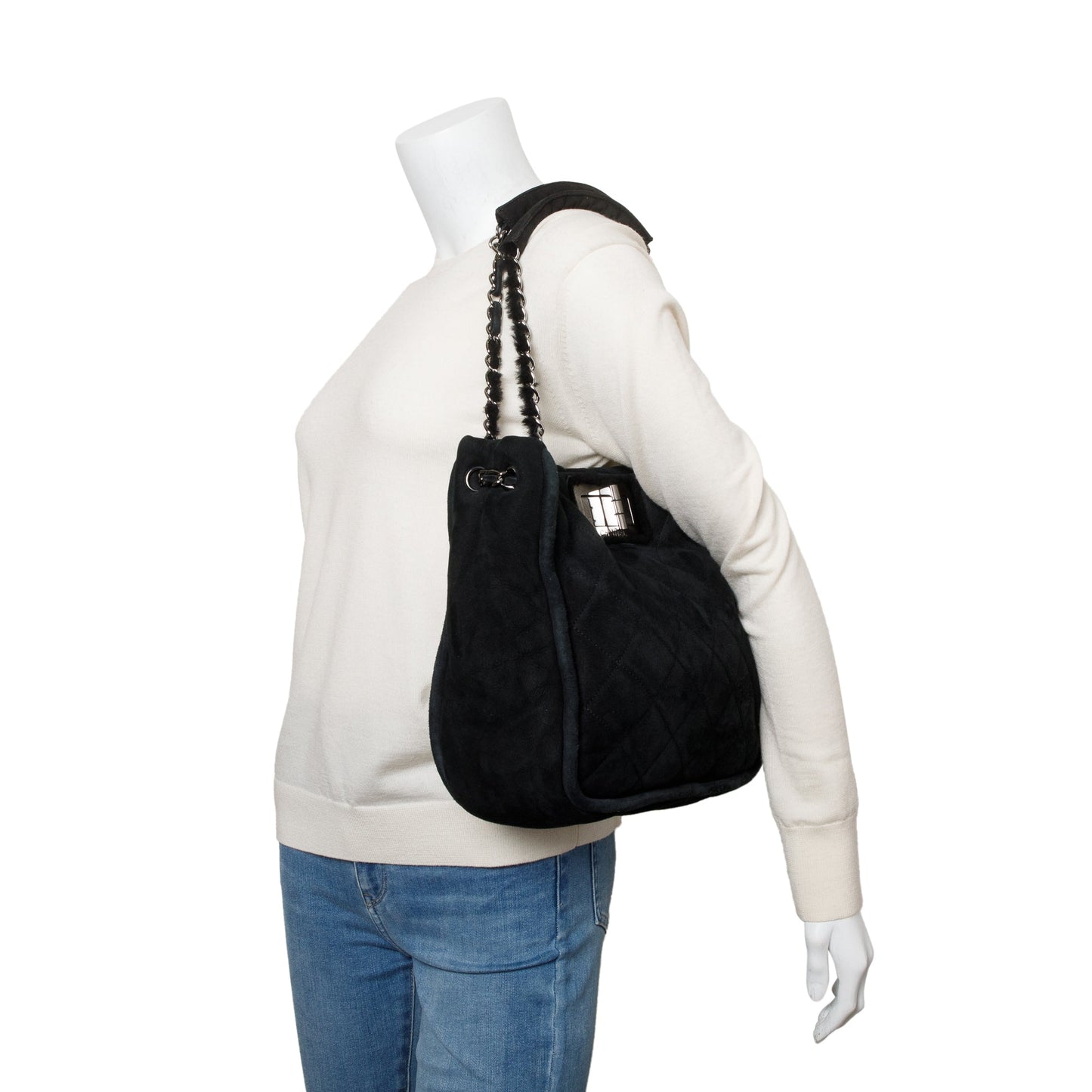Chanel Quilted Nubuck Shearling Reissue Black Travel Bag
