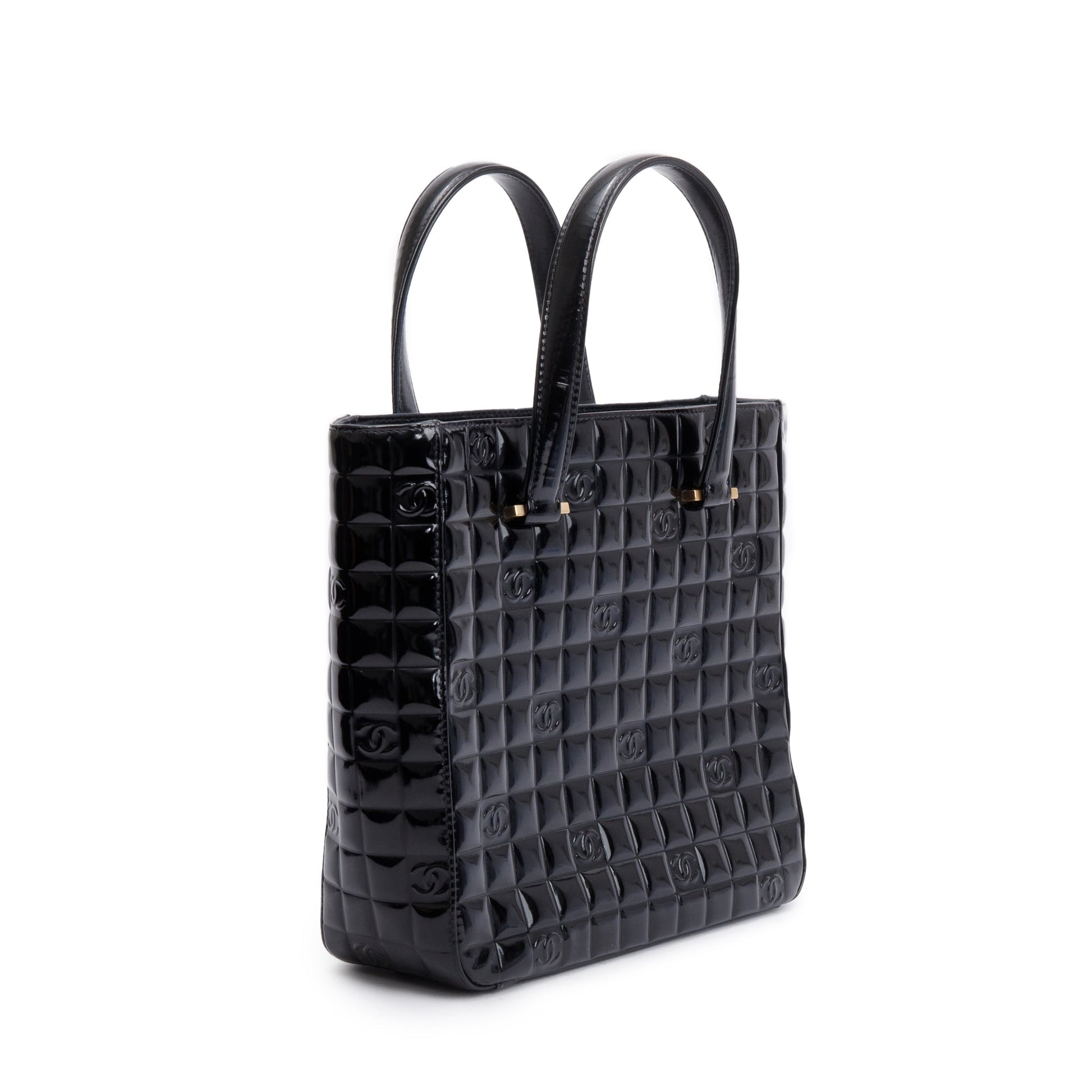 Chanel Quilted Patent Chocolate Bar CC Leather Black Travel Bag Tote Bag
