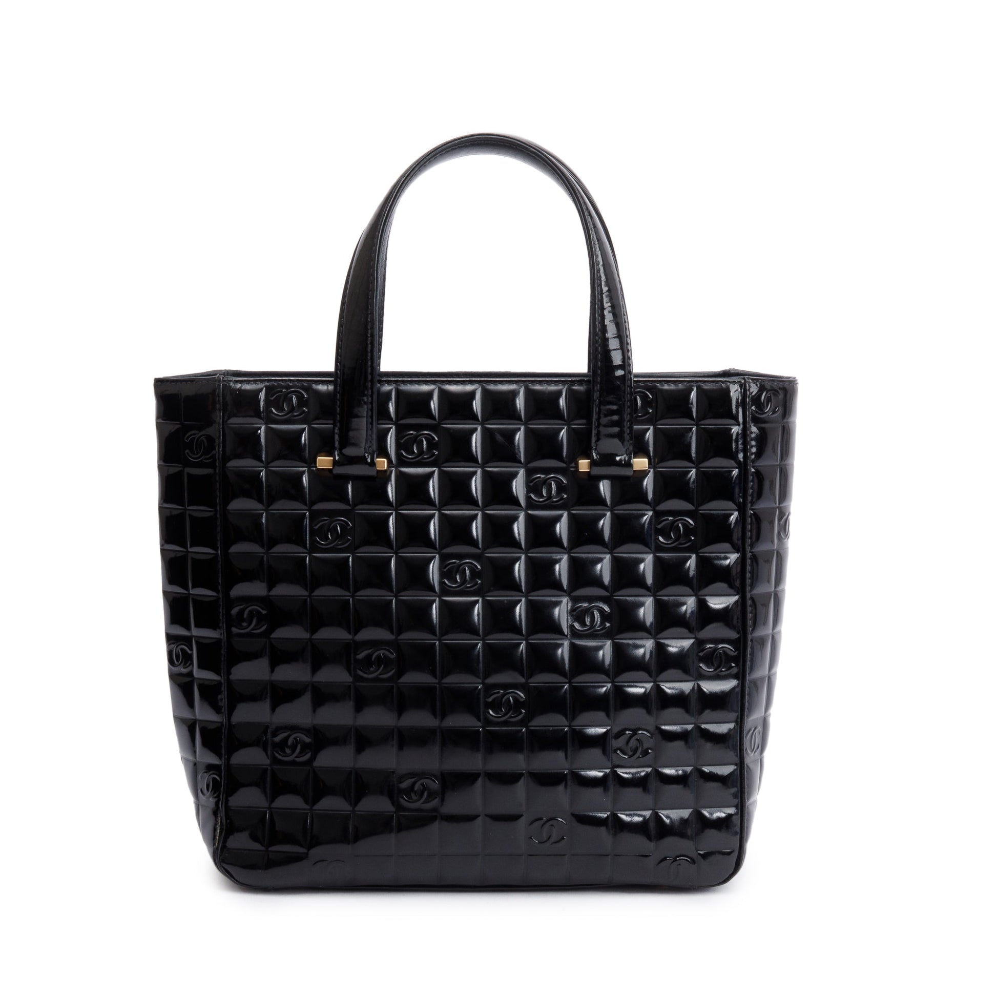 Chanel Quilted Patent Chocolate Bar CC Leather Black Travel Bag Tote Bag