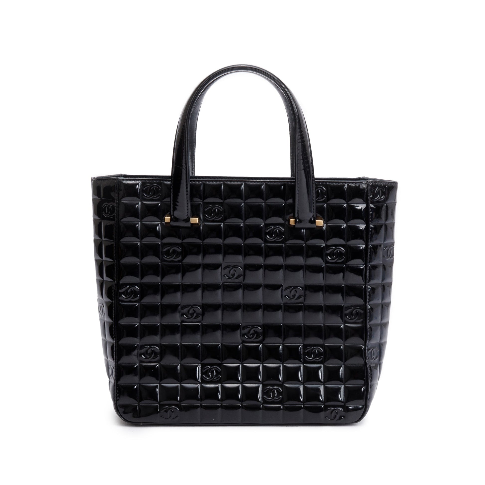 Chanel Quilted Patent Chocolate Bar CC Leather Black Travel Bag Tote Bag