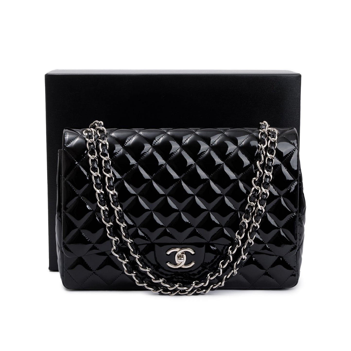 Chanel Quilted Patent Classic Maxi Double Leather Black Travel Bag