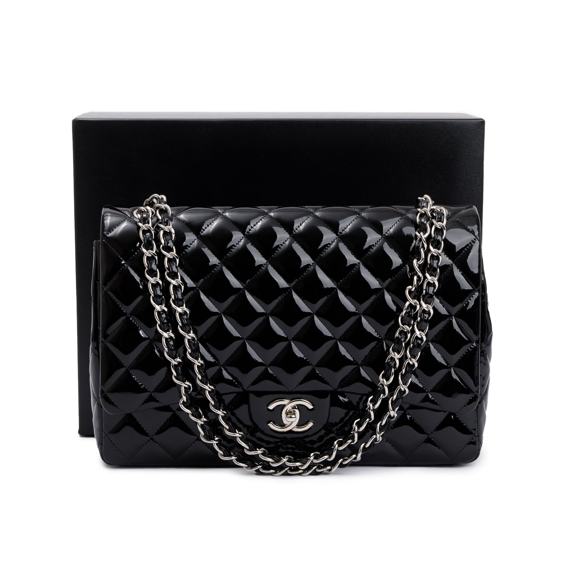 Chanel Quilted Patent Classic Maxi Double Leather Black Travel Bag