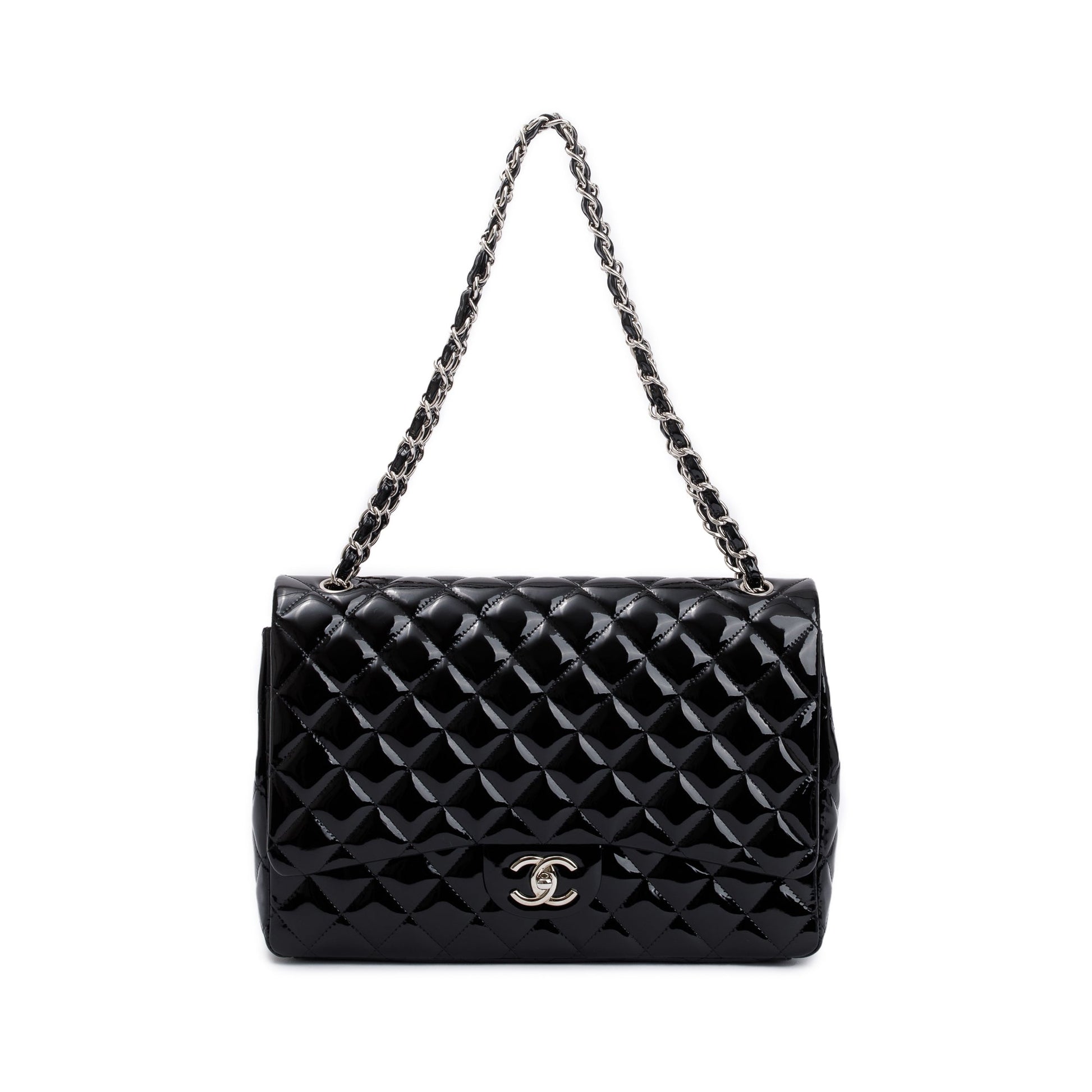 Chanel Quilted Patent Classic Maxi Double Leather Black Travel Bag