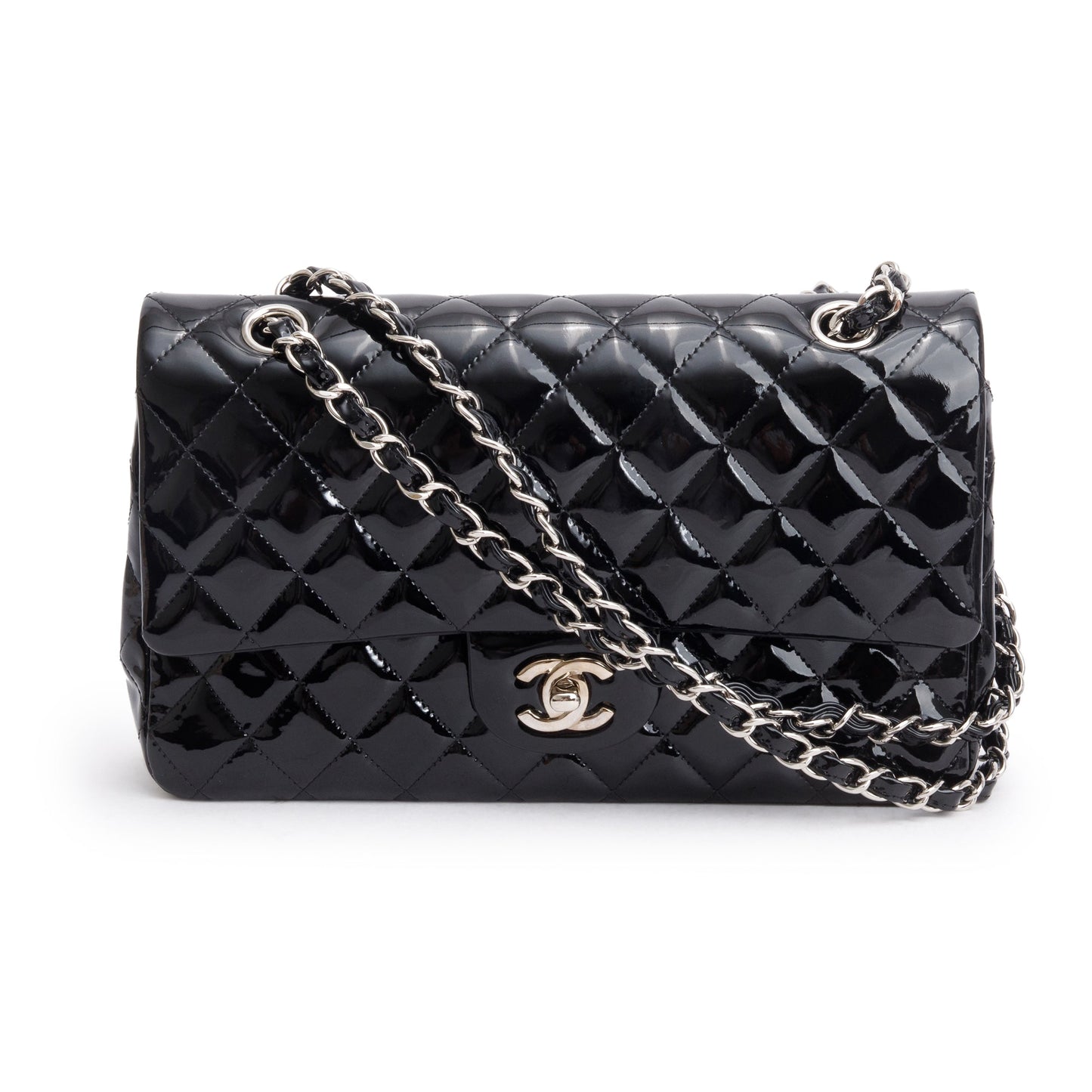 Chanel Quilted Patent Classic Double Flap Leather Black Travel Bag