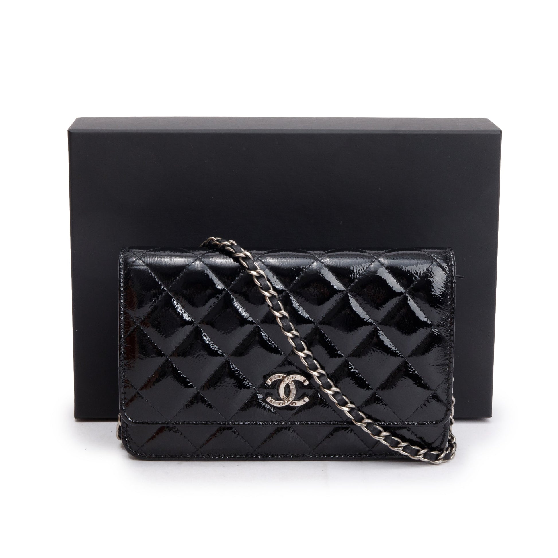 Chanel Quilted Patent Classic on Leather Black Wallet Case Authenticity Card