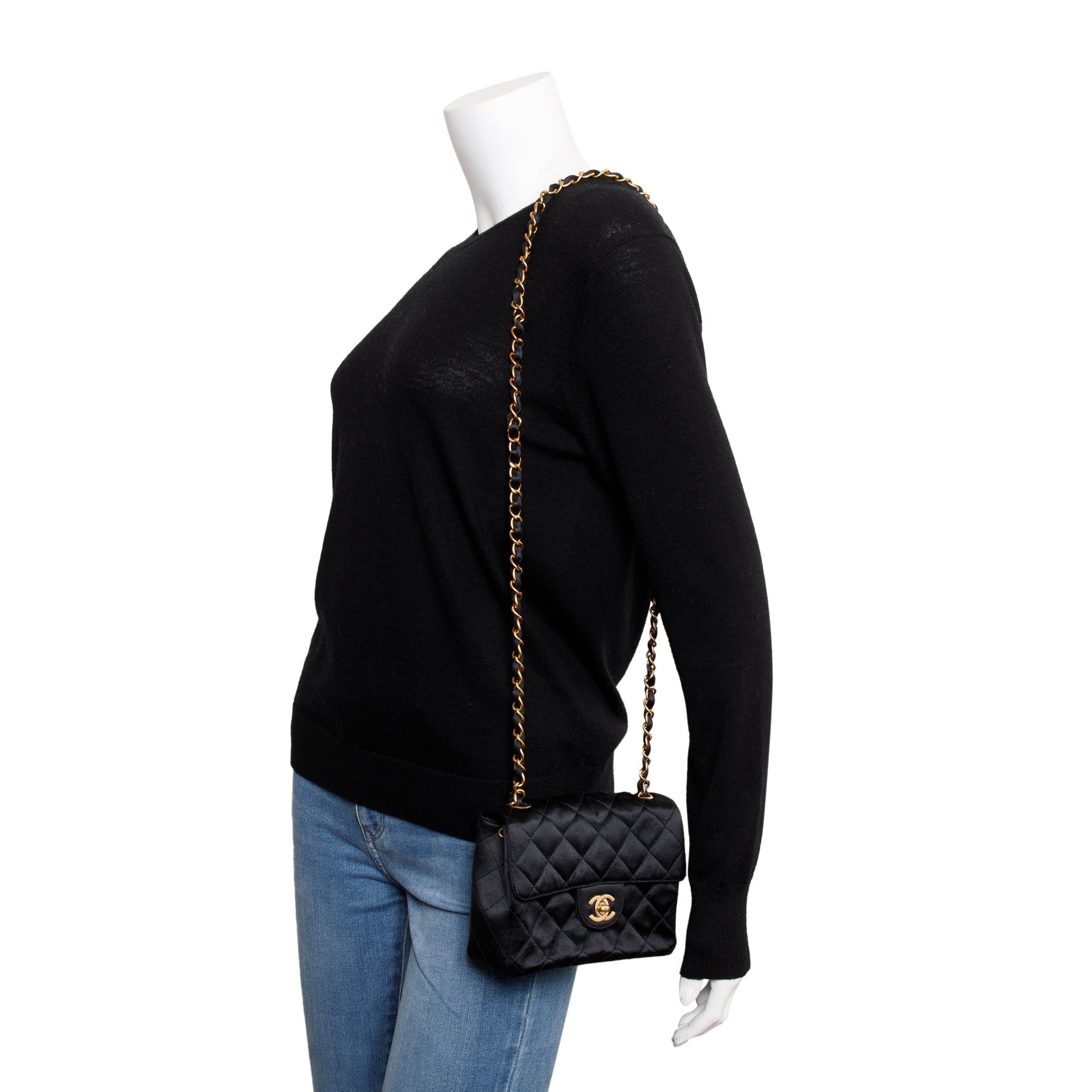 Chanel Quilted Satin Classic Square Flap Black Travel Bag