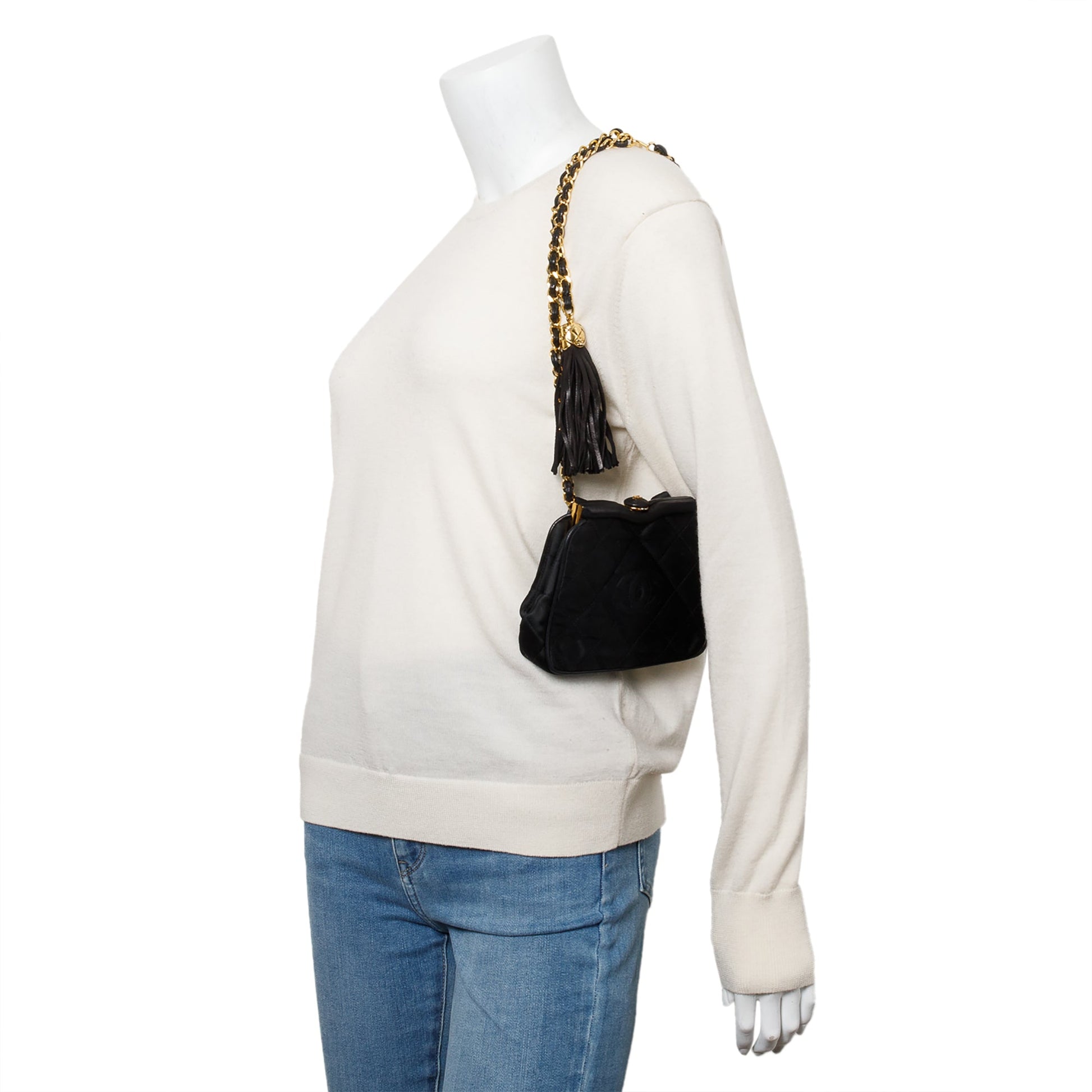 Chanel Quilted Satin Tassel CC Timeless Black Travel Bag
