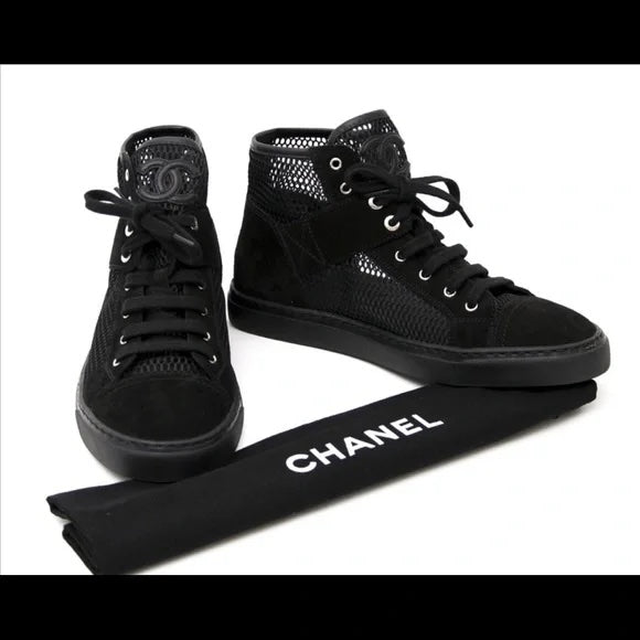 CHANEL SUEDE MESH HIGH-TOP LACE UP SNEAKERS