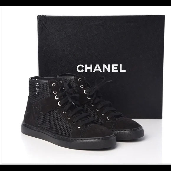 Chanel Suede Mesh High Top Lace Up Sneakers for Women