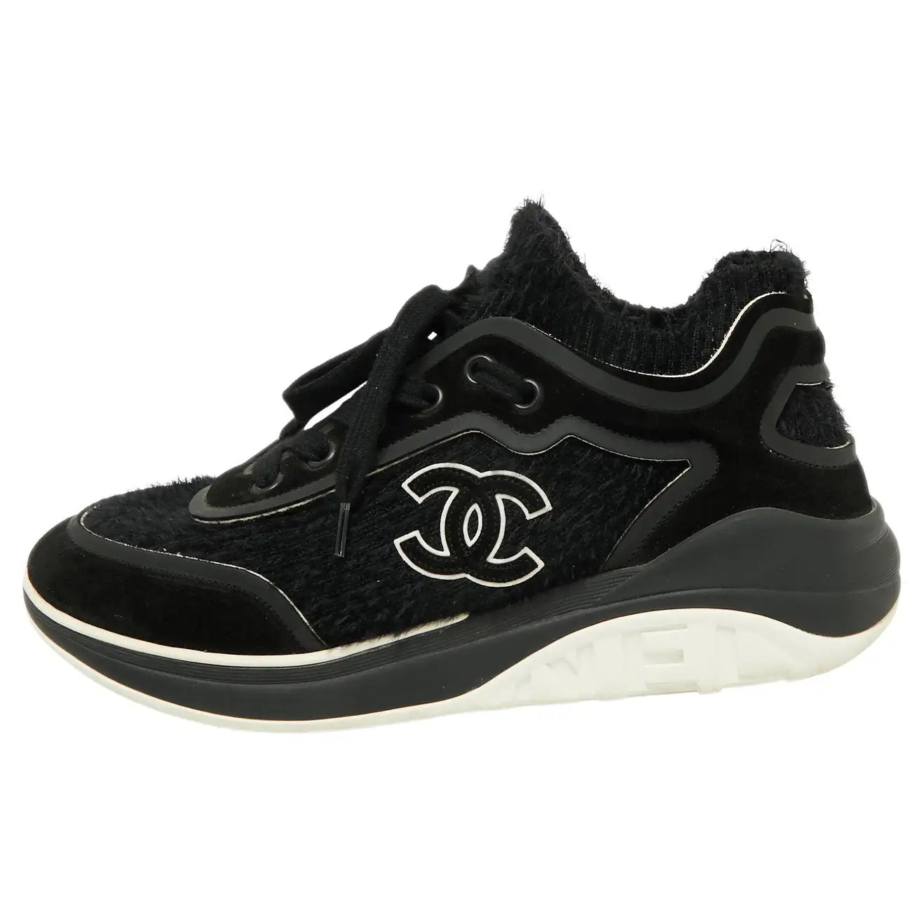 CHANEL TWEED & SUEDE CC LACE UP SNEAKERS