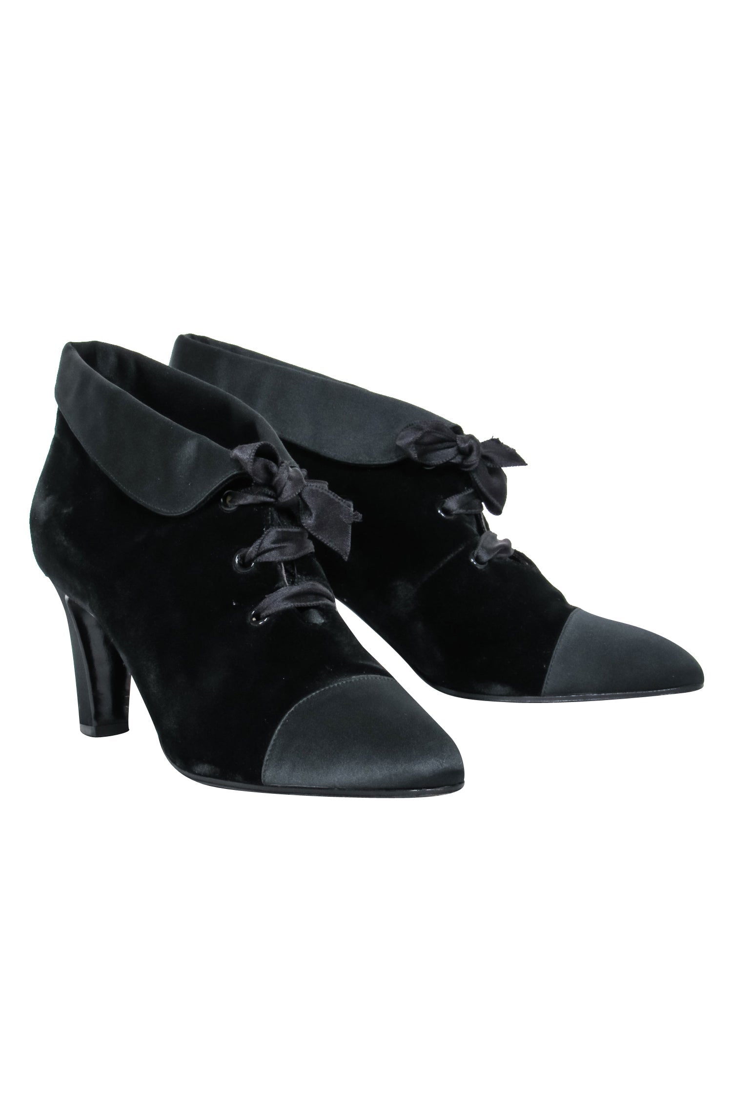 Chanel - Black Velvet Lace Up Booties Sz