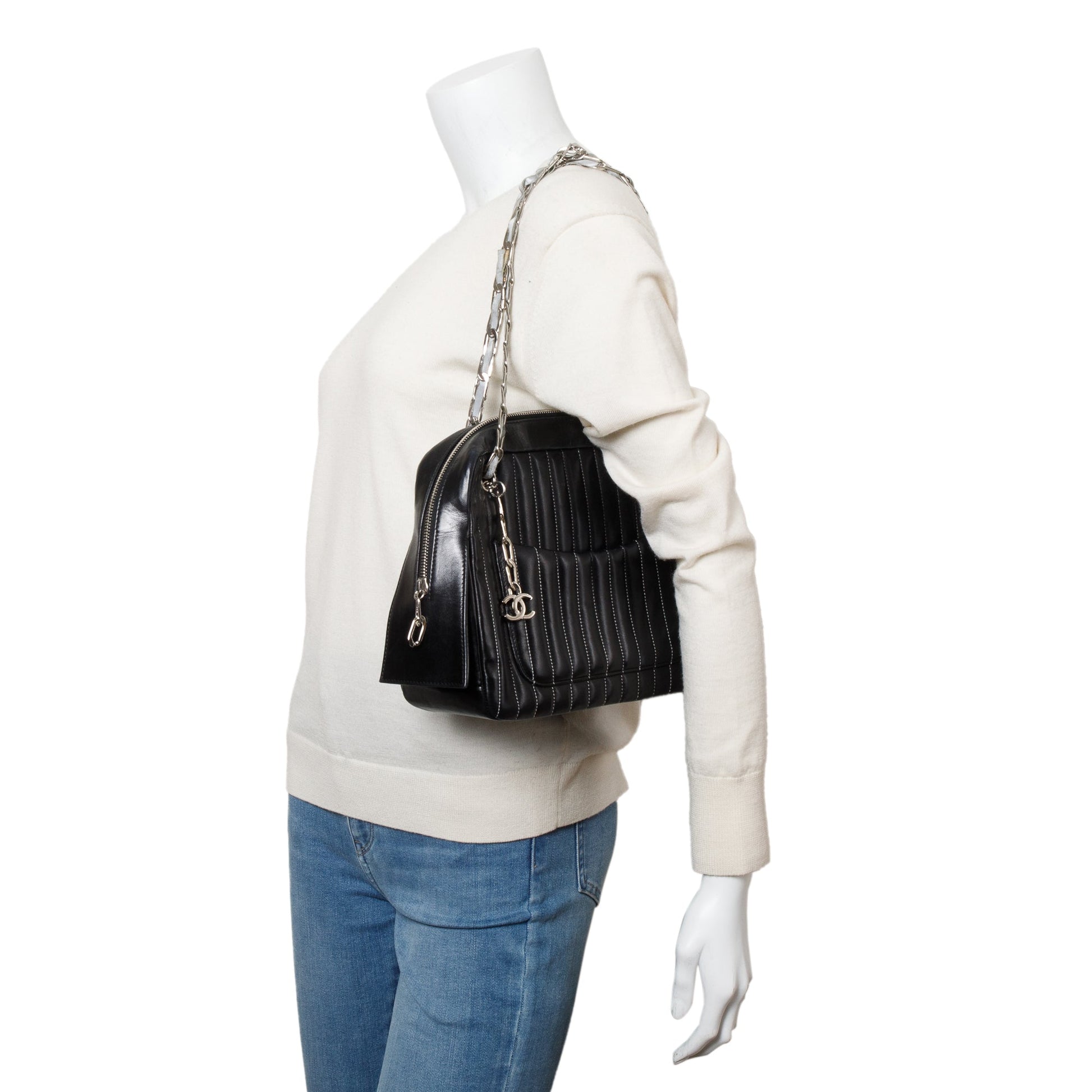 Chanel Vertical Quilt Mademoiselle Bowling Leather Lambskin Black Travel Bag