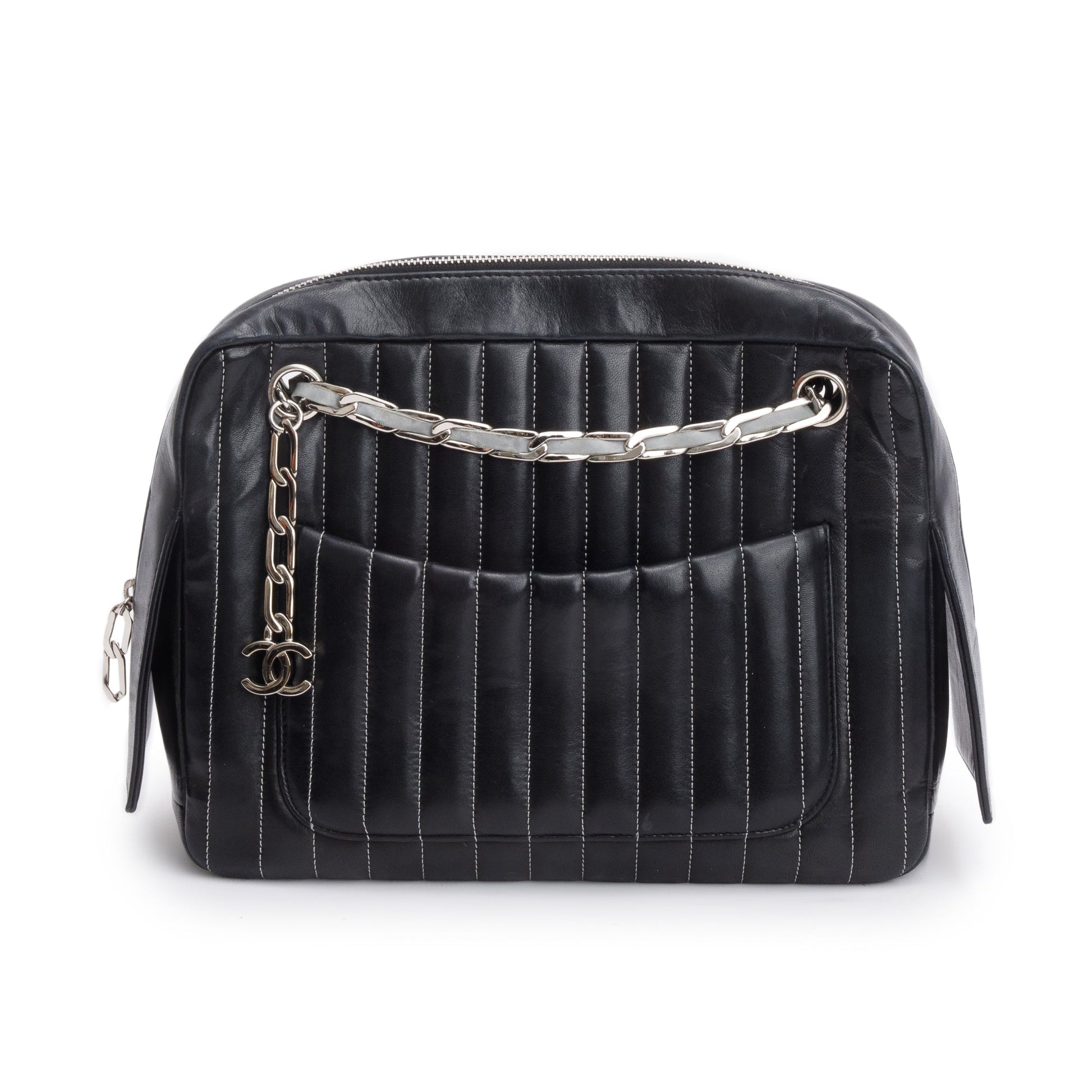 Chanel Vertical Quilt Mademoiselle Bowling Leather Lambskin Black Travel Bag
