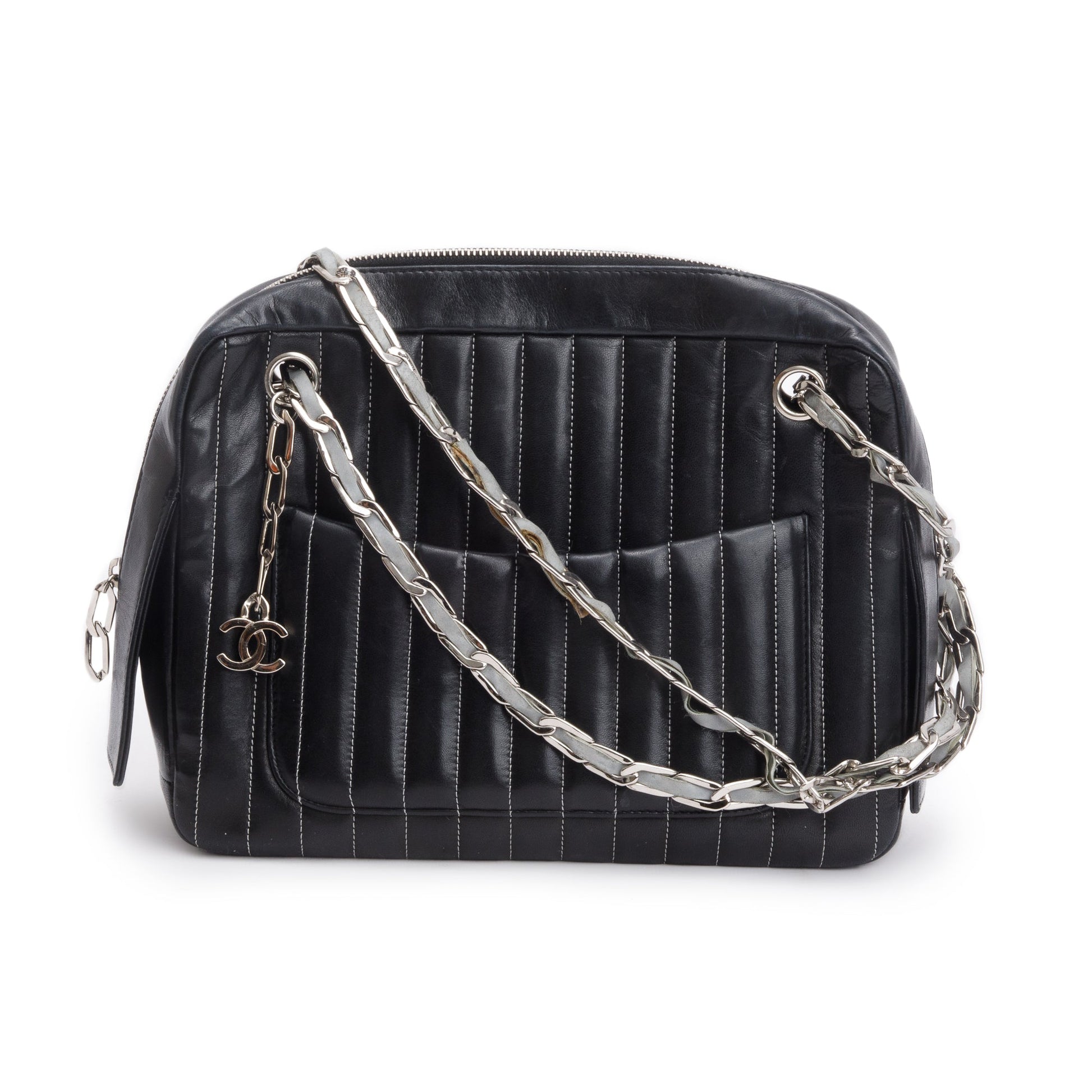 Chanel Vertical Quilt Mademoiselle Bowling Leather Lambskin Black Travel Bag