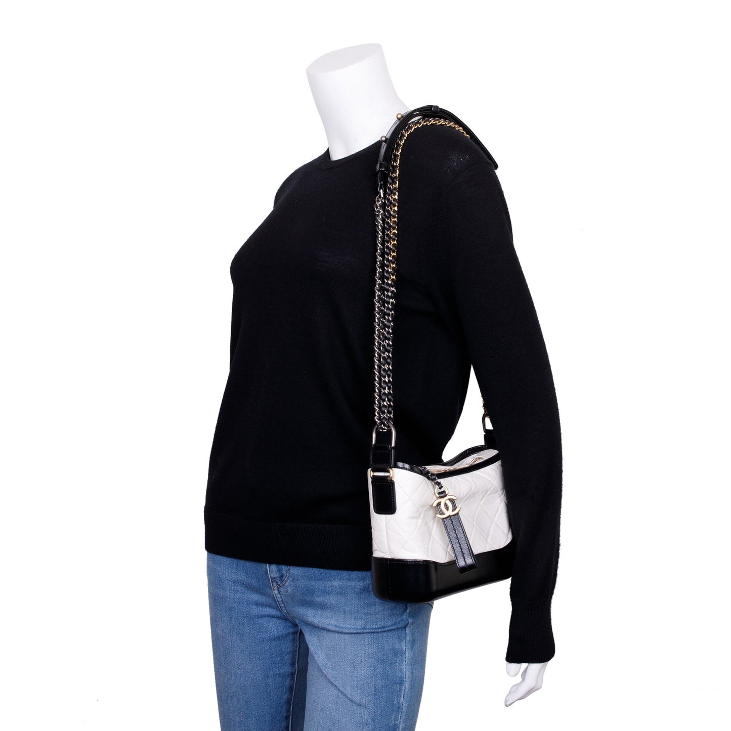 Chanel & Aged Gabrielle Hobo Leather Calfskin Black White Travel Bag
