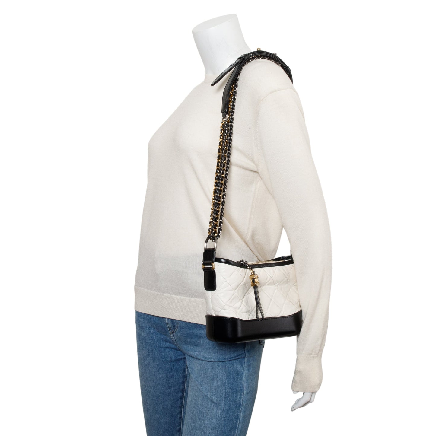 Chanel & Aged Gabrielle Hobo Leather Calfskin Black White Travel Bag Gabrielle Hobo