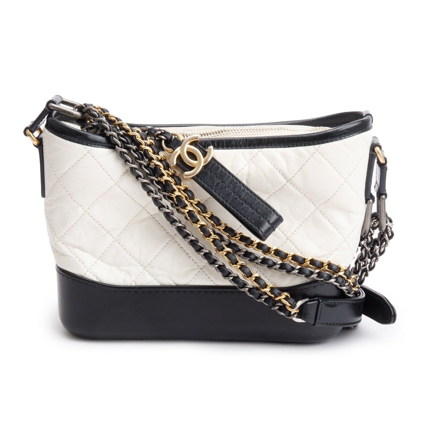 Chanel & Aged Gabrielle Hobo Leather Calfskin Black White Travel Bag Gabrielle Hobo