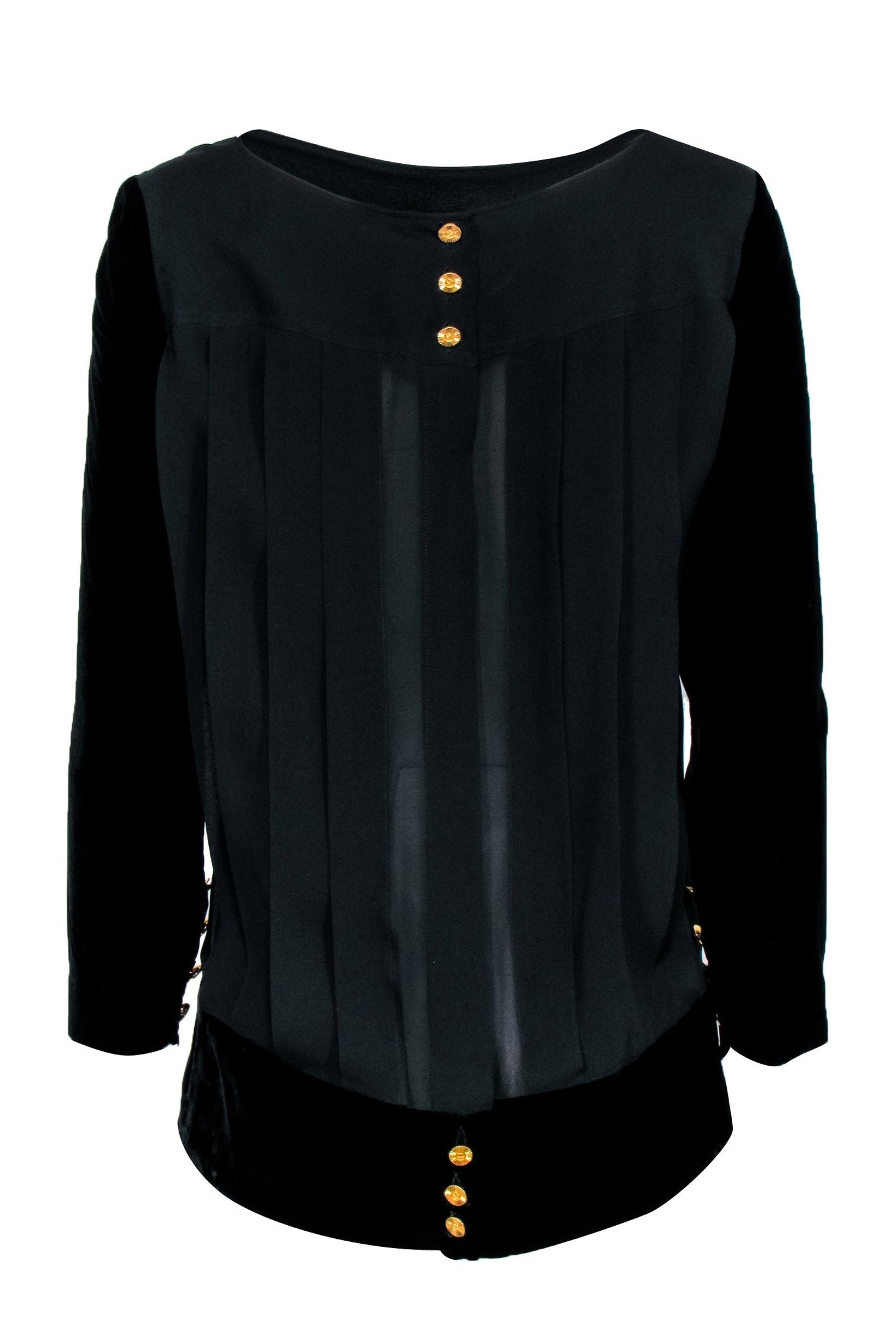 Chanel -  Black w/ Velvet Long Sleeves & Button Back Sz S/M