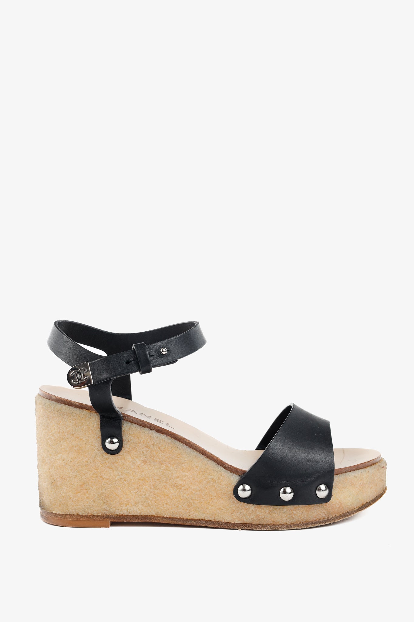 Chanel Black Leather Platform Wedge Sandals for Women