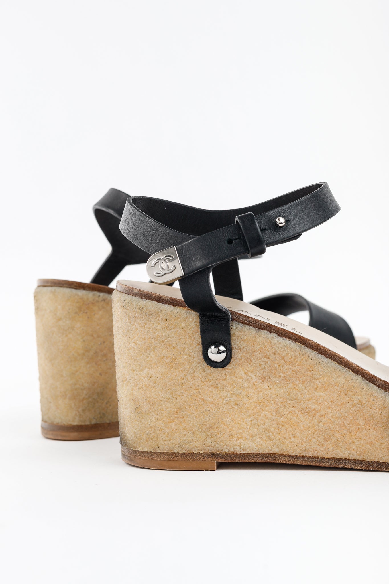 Chanel Black Leather Platform Wedge Sandals for Women
