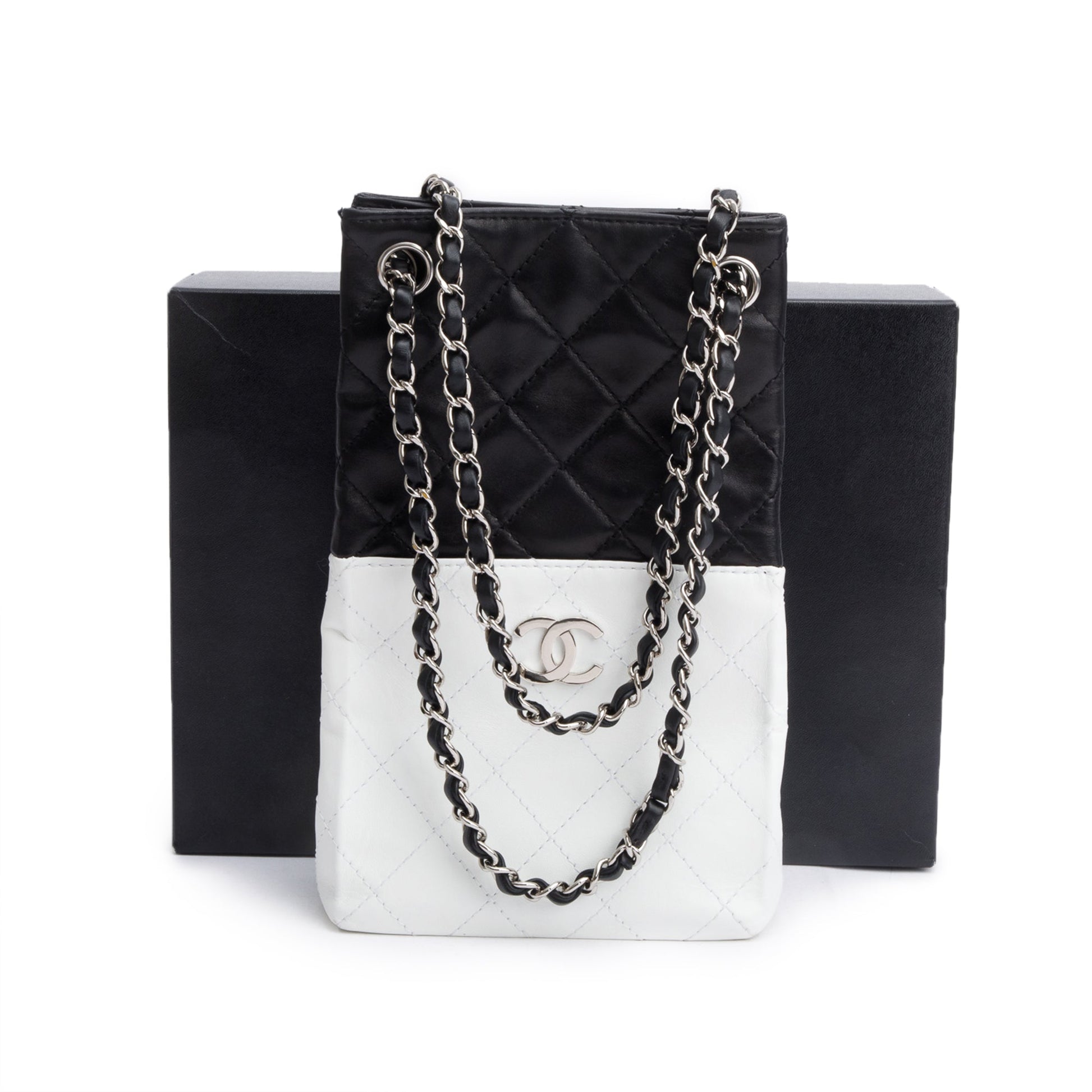 Chanel Quilted Bicolor Vertical Leather Calfskin Black White Travel Bag